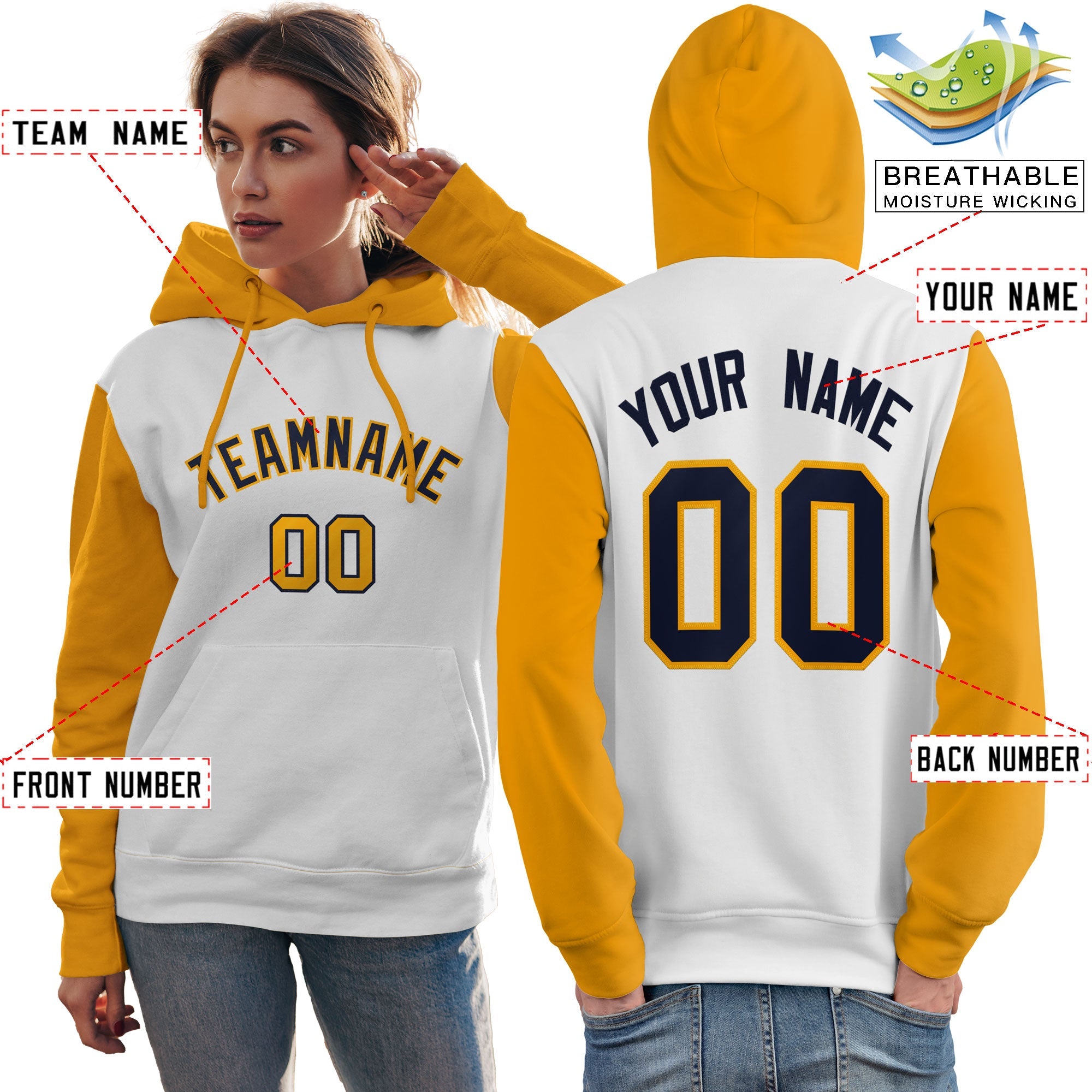 Custom White Navy-Gold Raglan Sleeves Pullover Personalized Team Sweatshirt Hoodie