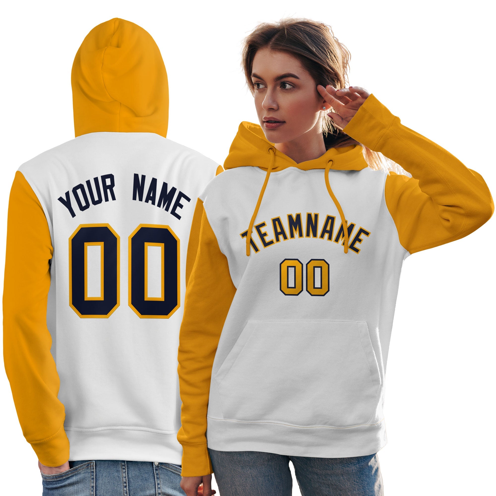 Custom White Navy-Gold Raglan Sleeves Pullover Personalized Team Sweatshirt Hoodie