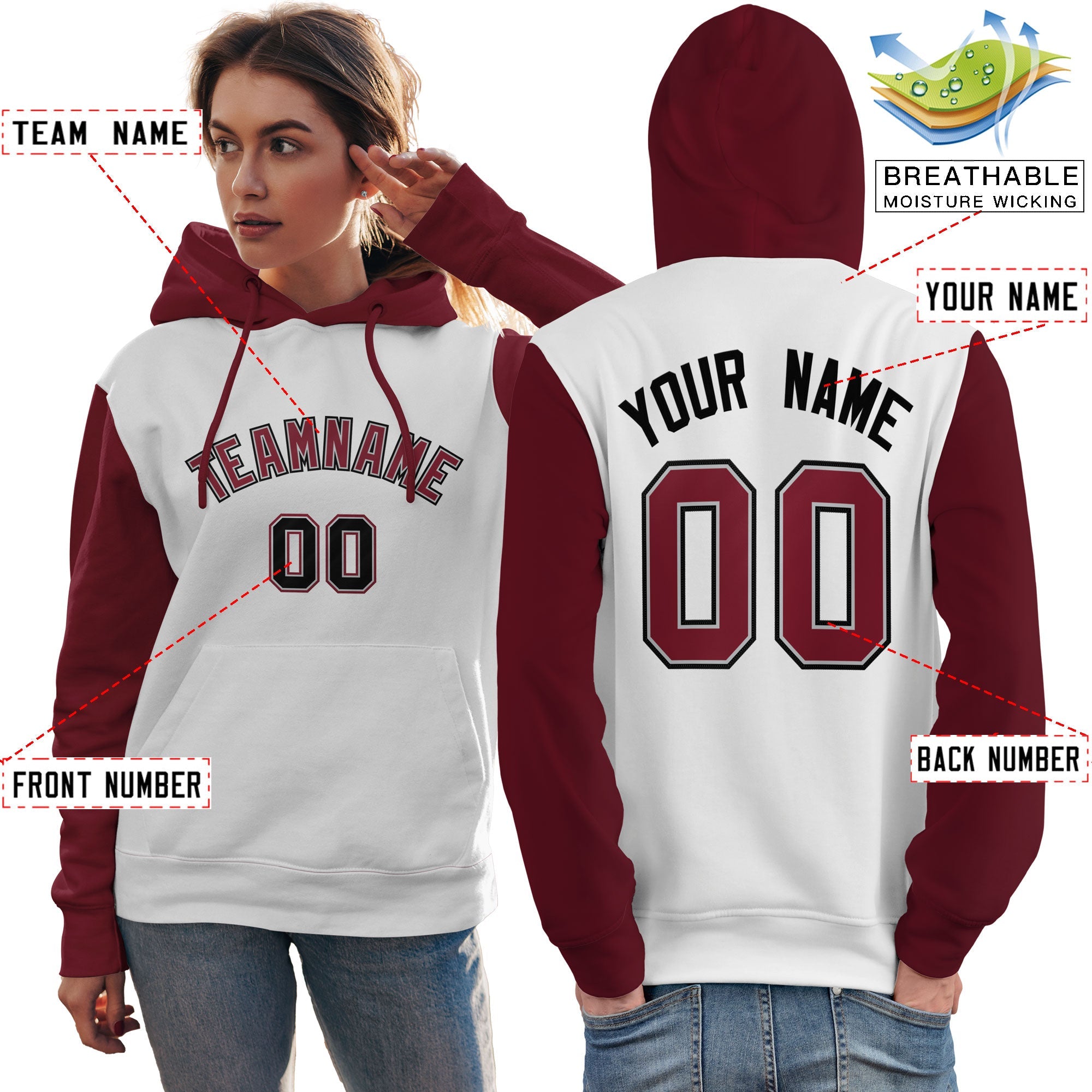 Custom White Crimson-Black Raglan Sleeves Pullover Personalized Team Sweatshirt Hoodie