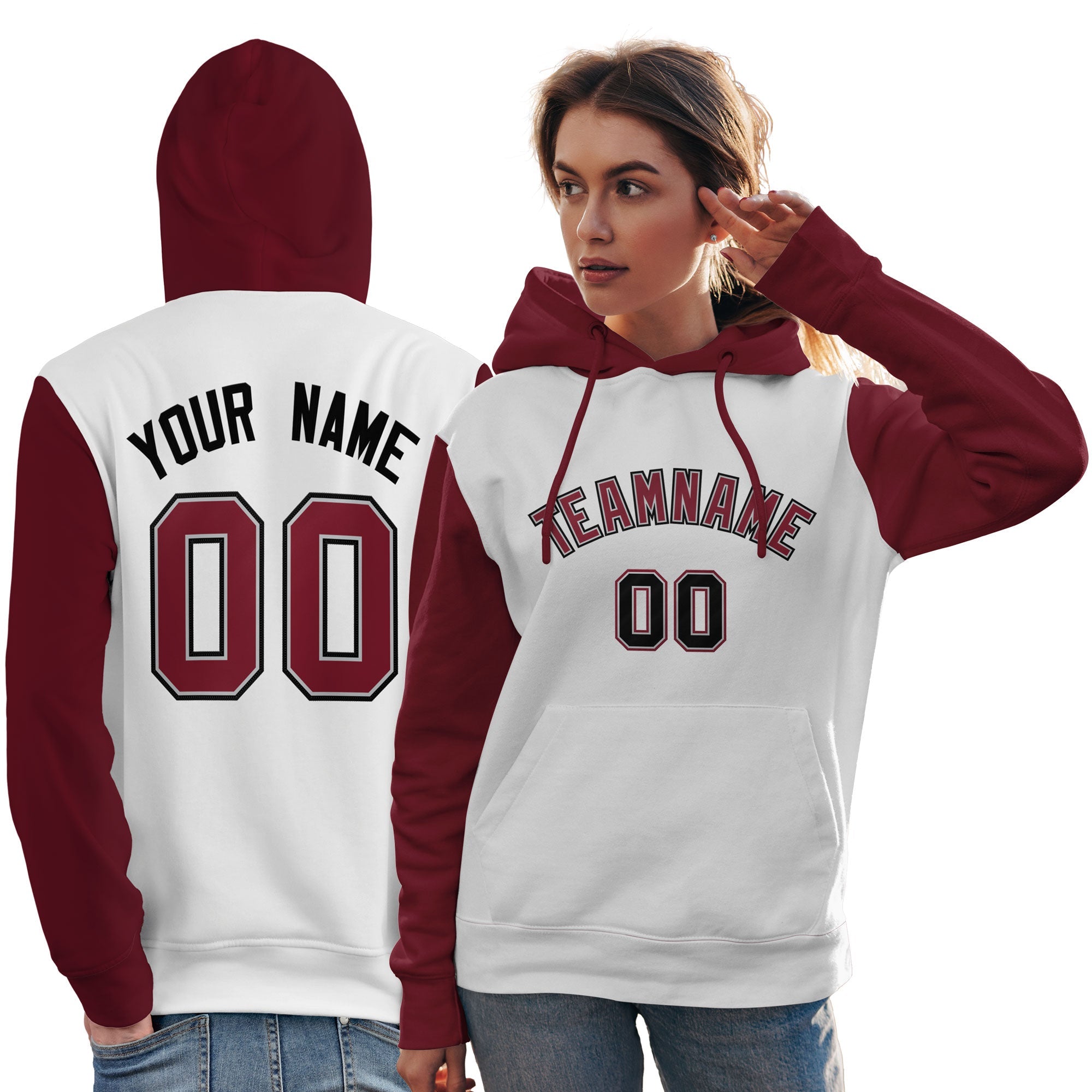 Custom White Crimson-Black Raglan Sleeves Pullover Personalized Team Sweatshirt Hoodie