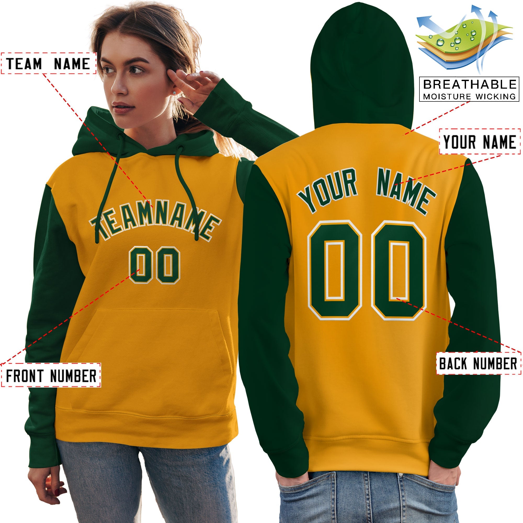 Custom Gold Green-White Raglan Sleeves Pullover Personalized Team Sweatshirt Hoodie