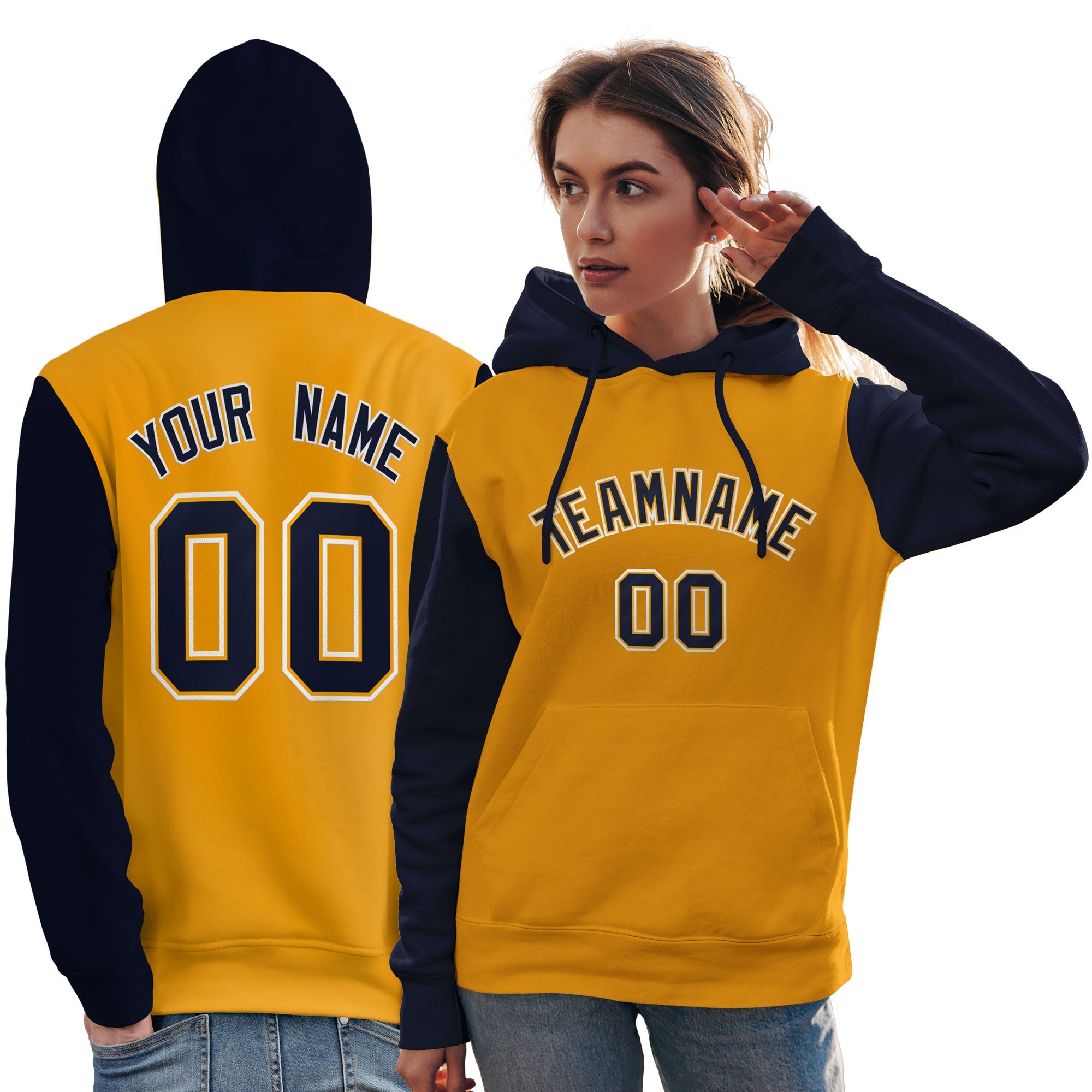 Custom Gold Navy-White Raglan Sleeves Pullover Personalized Team Sweatshirt Hoodie