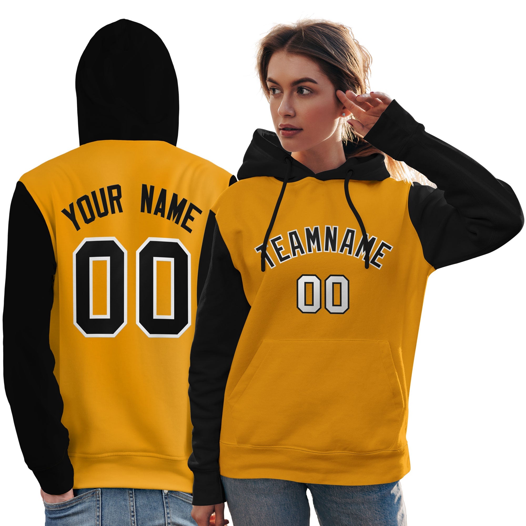 Custom Gold Black-White Raglan Sleeves Pullover Personalized Team Sweatshirt Hoodie