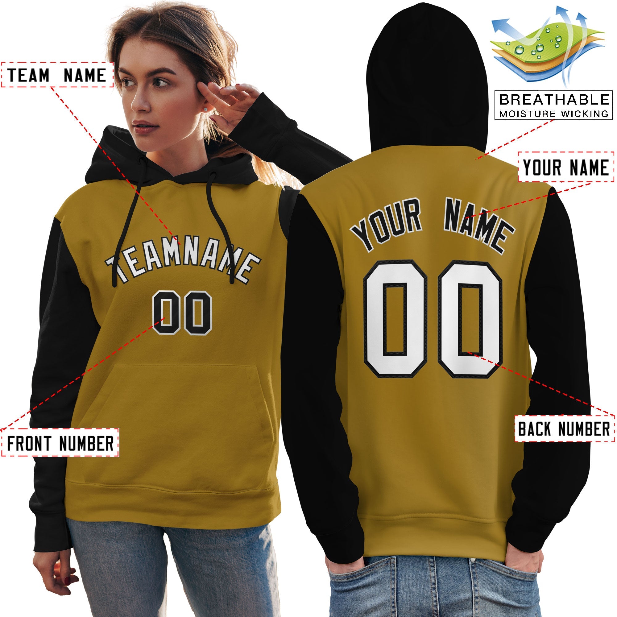 Custom Old Gold White-Black Raglan Sleeves Pullover Personalized Team Sweatshirt Hoodie