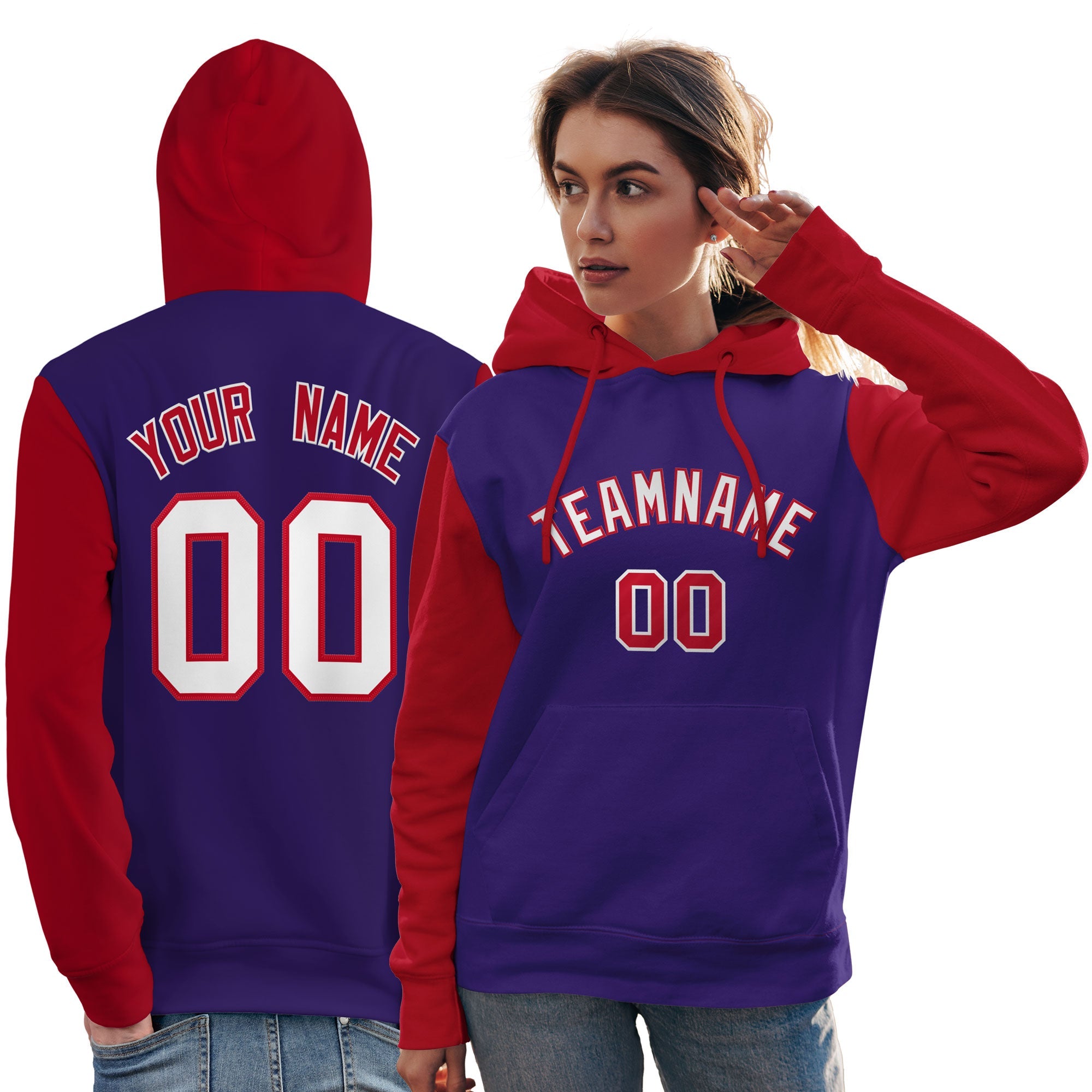 Custom Purple White-Red Raglan Sleeves Pullover Personalized Team Sweatshirt Hoodie