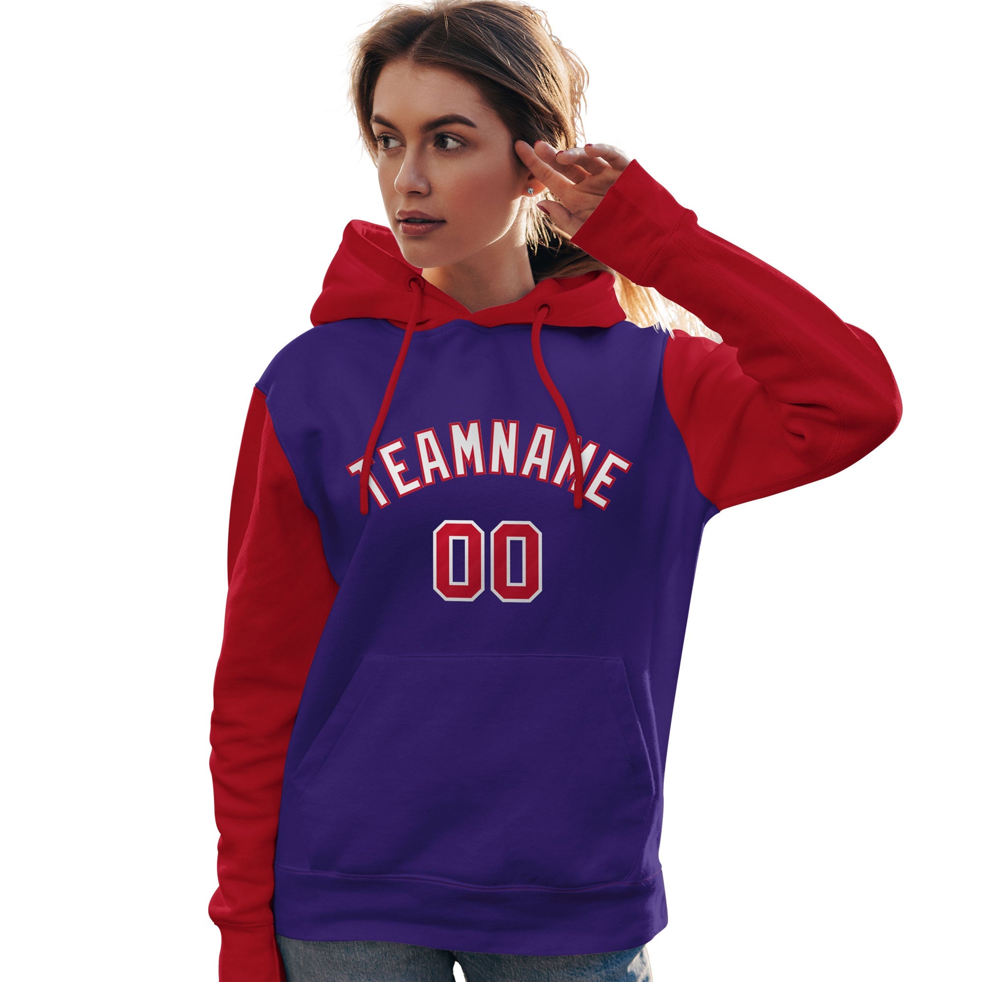 Custom Purple White-Red Raglan Sleeves Pullover Personalized Team Sweatshirt Hoodie