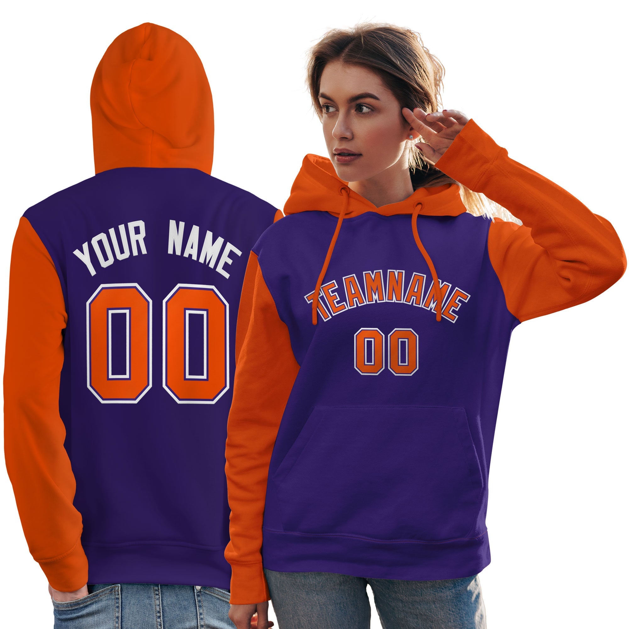 Custom Purple Orange-White Raglan Sleeves Pullover Personalized Team Sweatshirt Hoodie