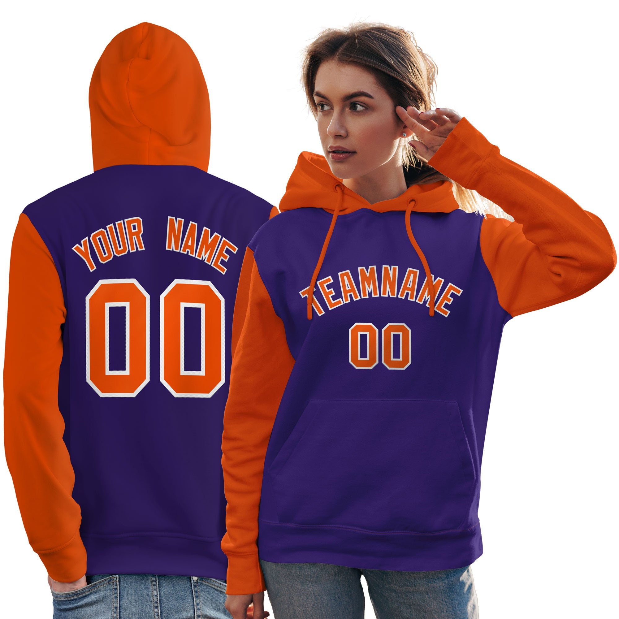 Custom Purple Orange-White Raglan Sleeves Pullover Personalized Team Sweatshirt Hoodie