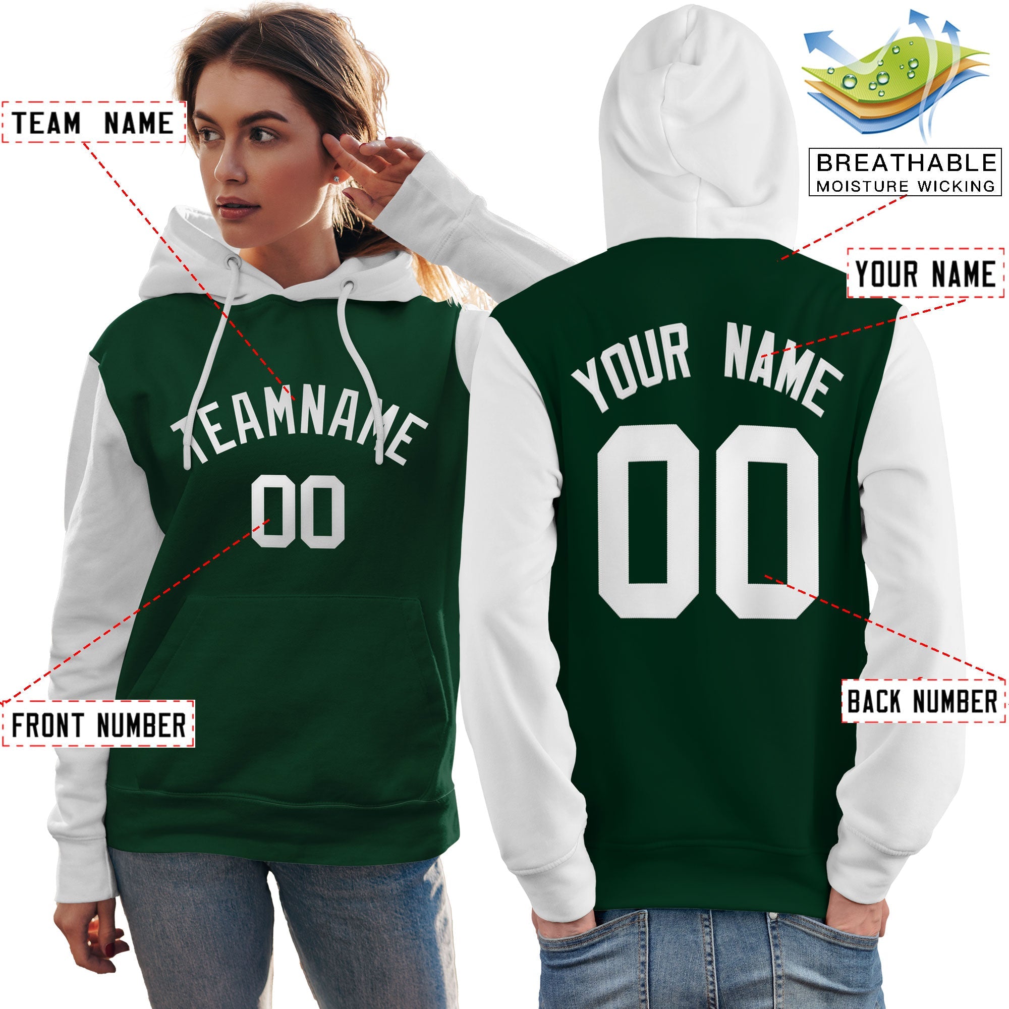 Custom Green White Raglan Sleeves Pullover Personalized Team Sweatshirt Hoodie