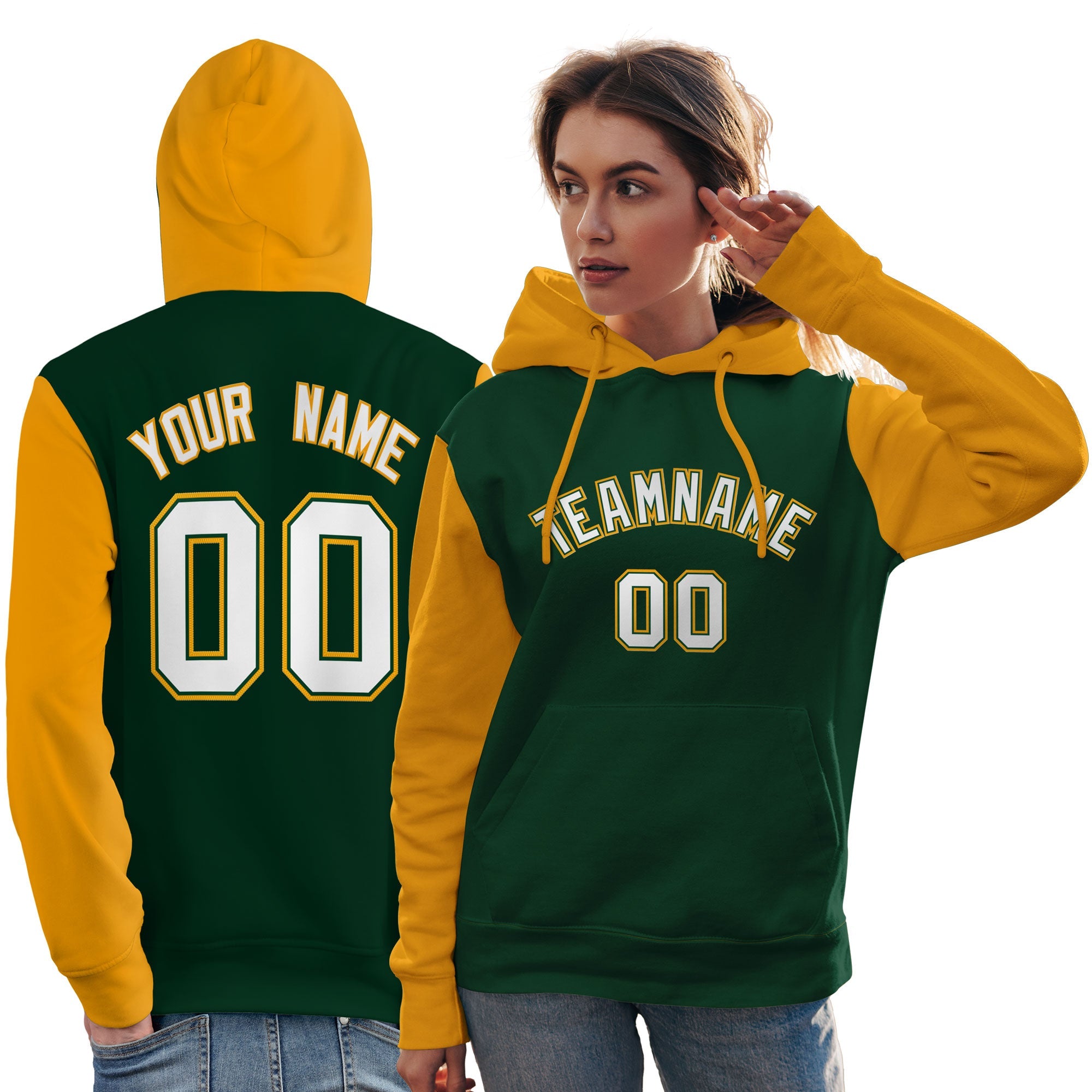 Custom Green White-Gold Raglan Sleeves Pullover Personalized Team Sweatshirt Hoodie