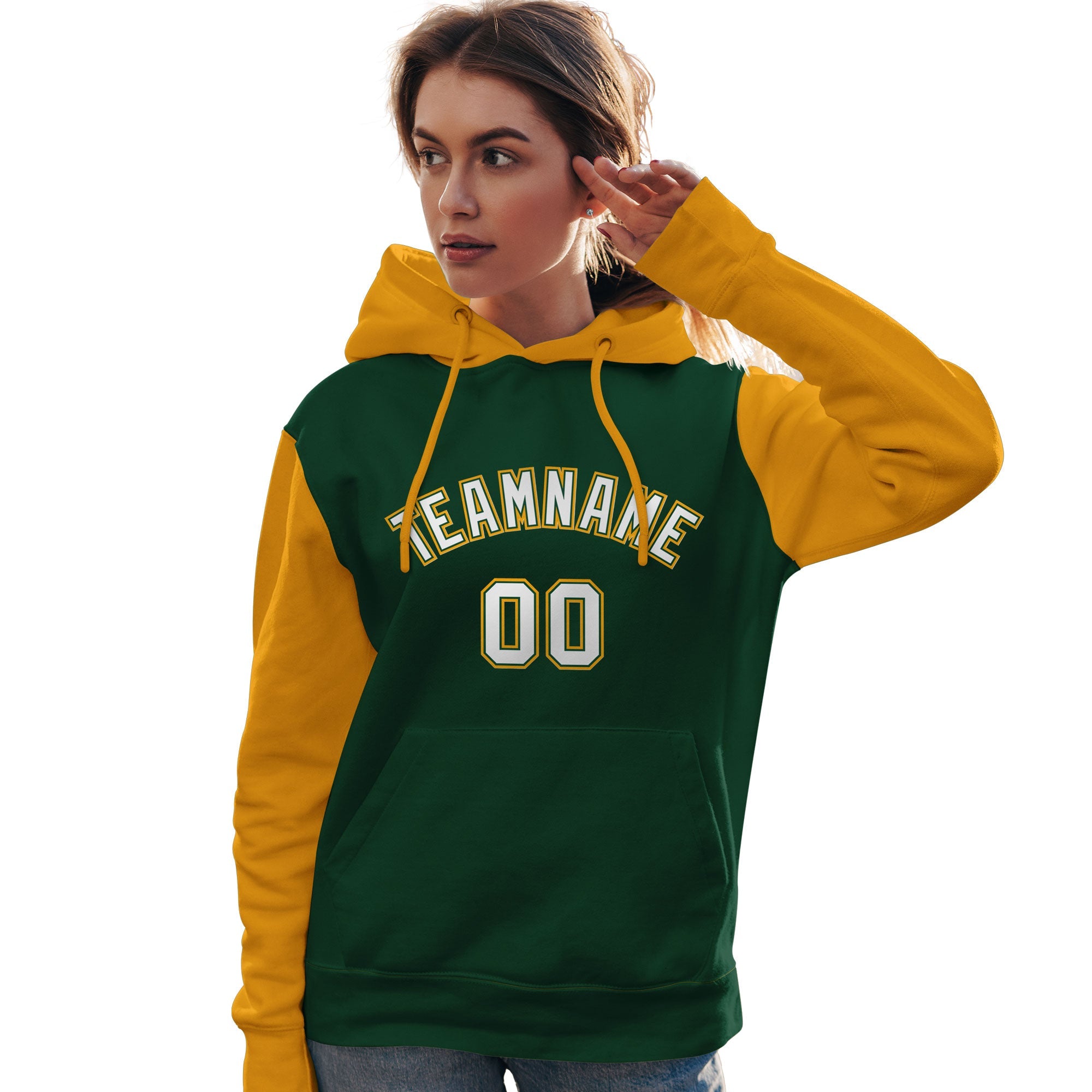 Custom Green White-Gold Raglan Sleeves Pullover Personalized Team Sweatshirt Hoodie