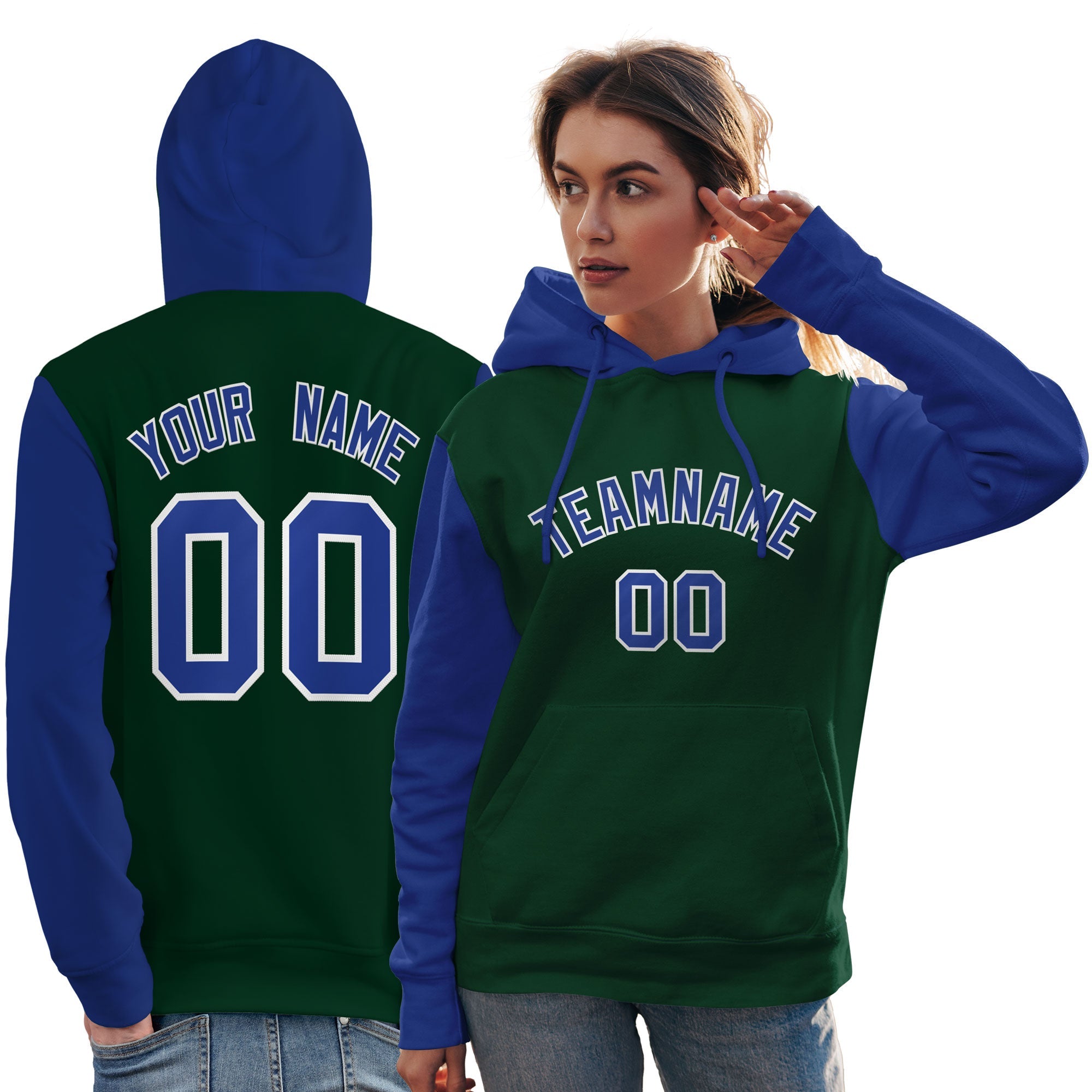 Custom Green Royal-White Raglan Sleeves Pullover Personalized Team Sweatshirt Hoodie