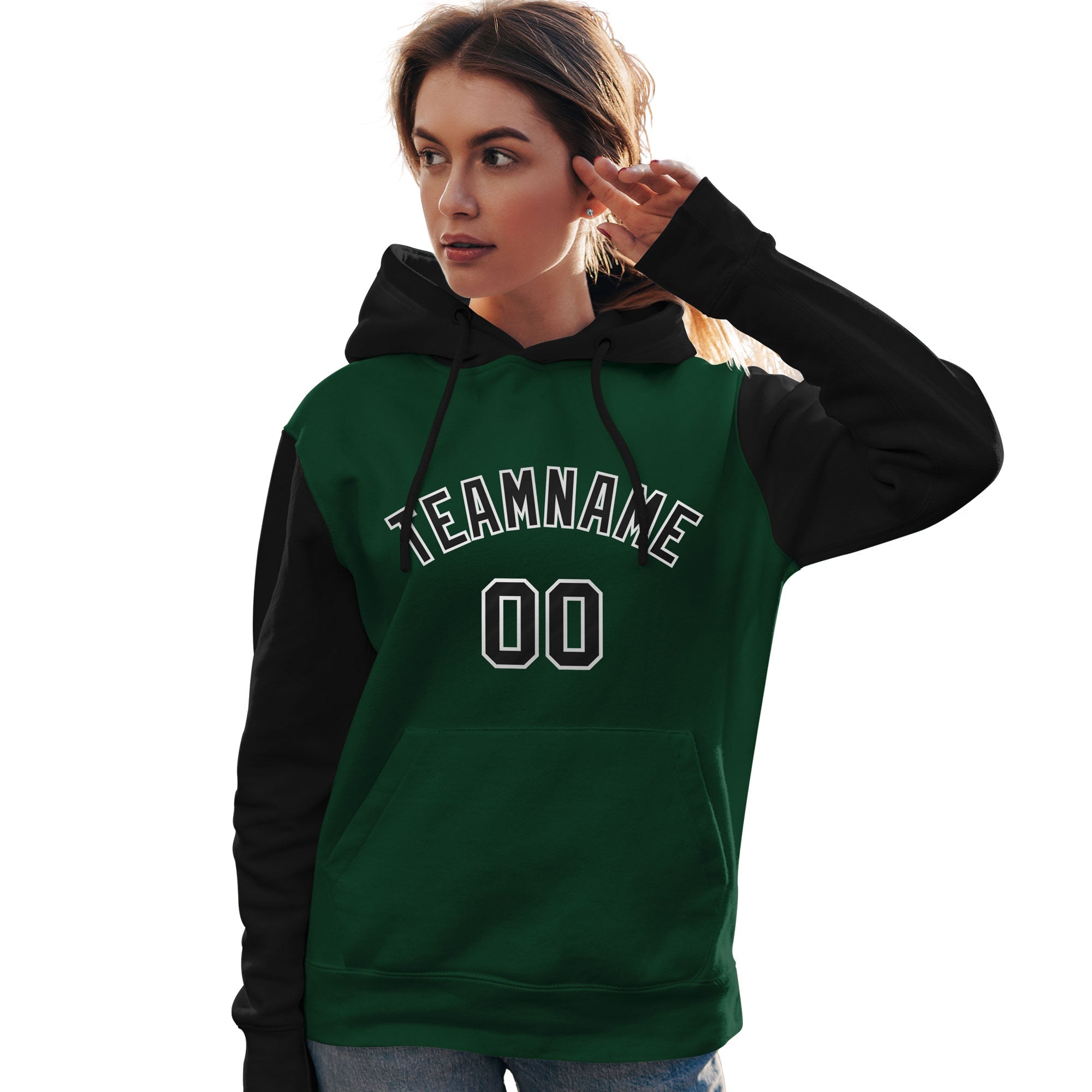 Custom Green Black-White Raglan Sleeves Pullover Personalized Team Sweatshirt Hoodie