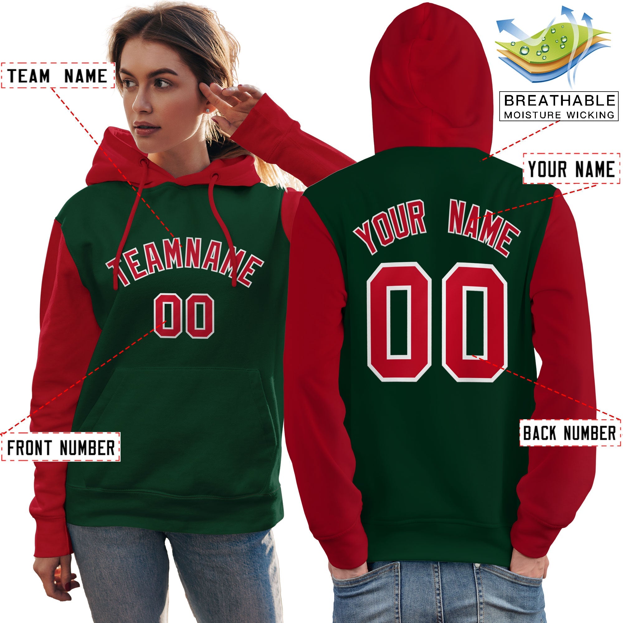 Custom Green Red-White Raglan Sleeves Pullover Personalized Team Sweatshirt Hoodie