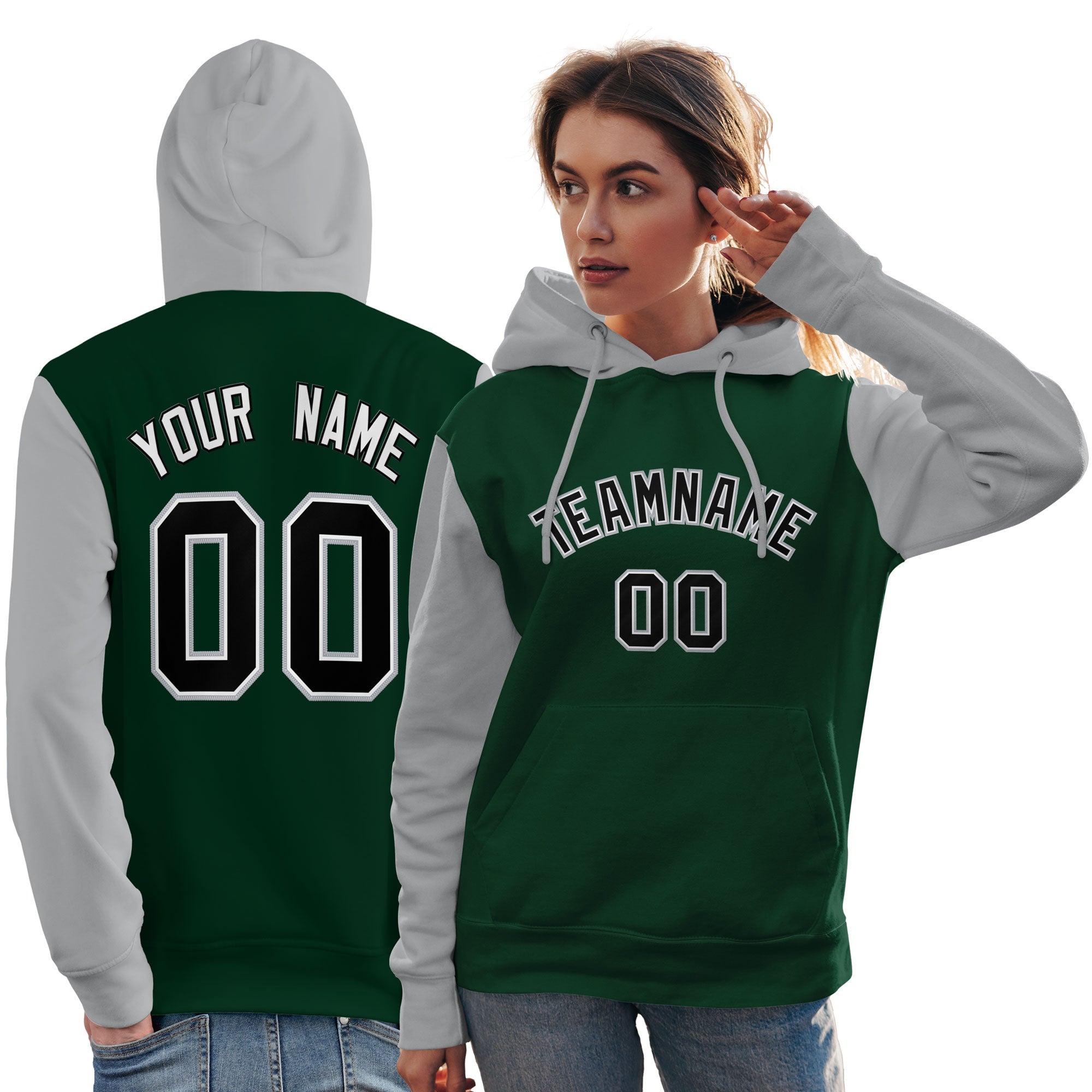 Custom Green Black-Gray Raglan Sleeves Pullover Personalized Team Sweatshirt Hoodie