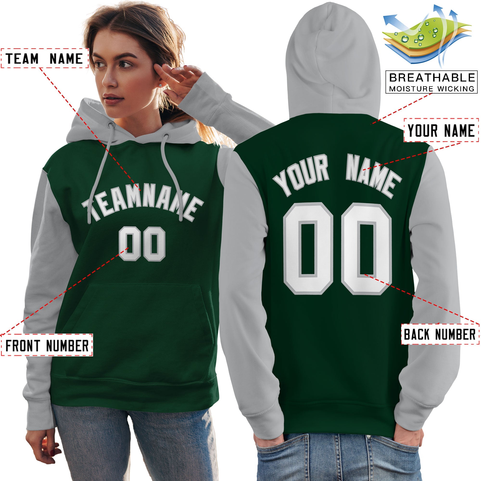 Custom Green White-Gray Raglan Sleeves Pullover Personalized Team Sweatshirt Hoodie