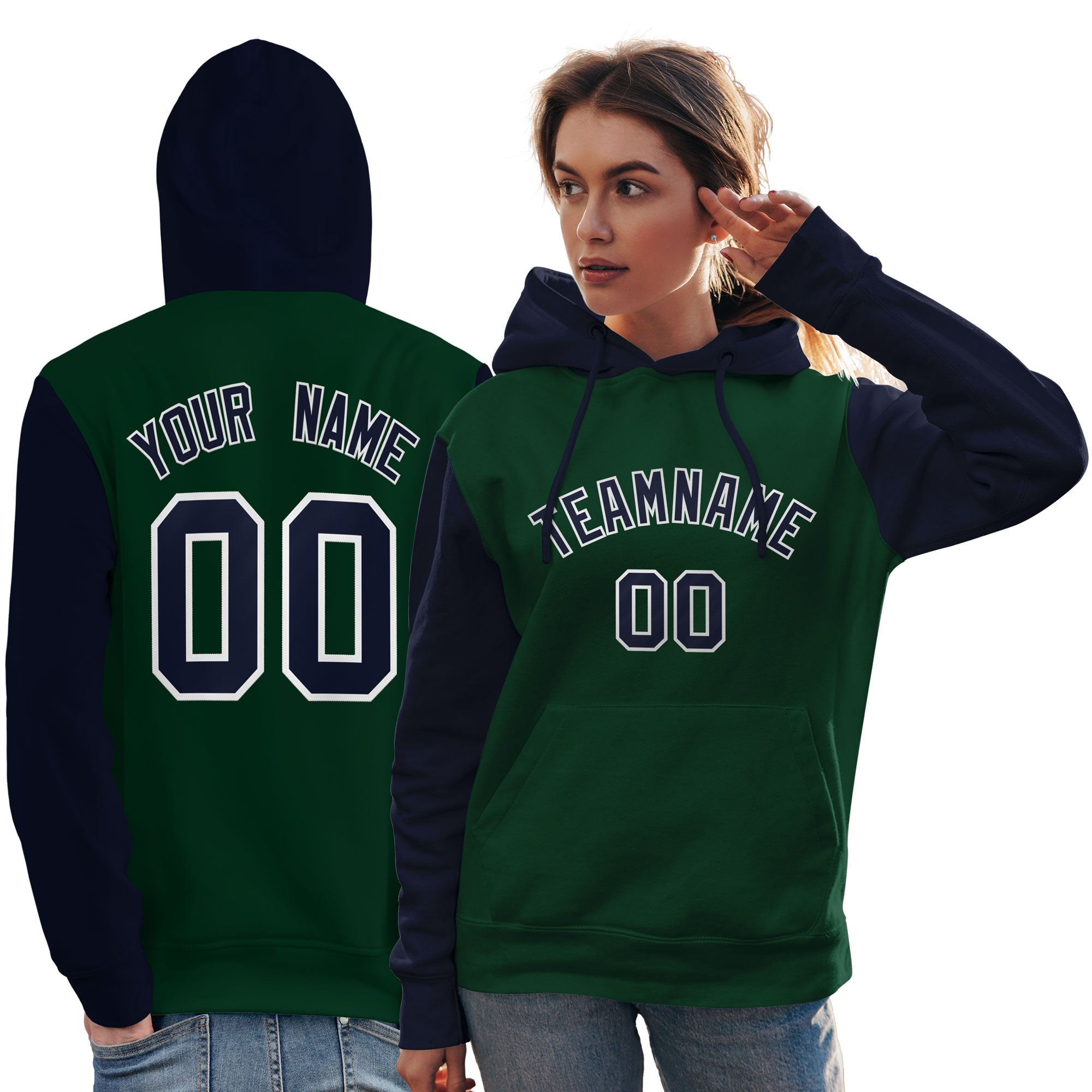 Custom Green Navy-White Raglan Sleeves Pullover Personalized Team Sweatshirt Hoodie