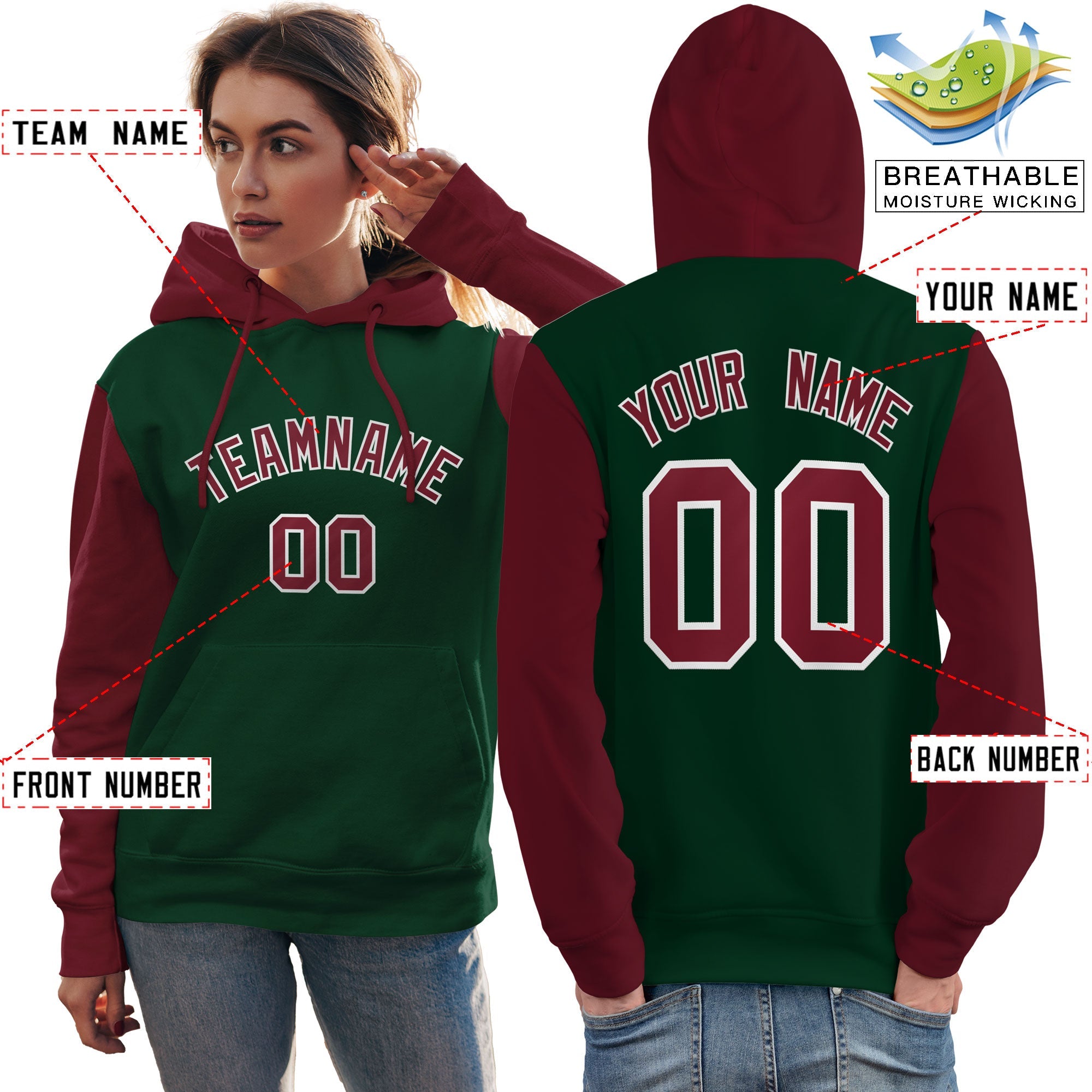 Custom Green Crimson-White Raglan Sleeves Pullover Personalized Team Sweatshirt Hoodie