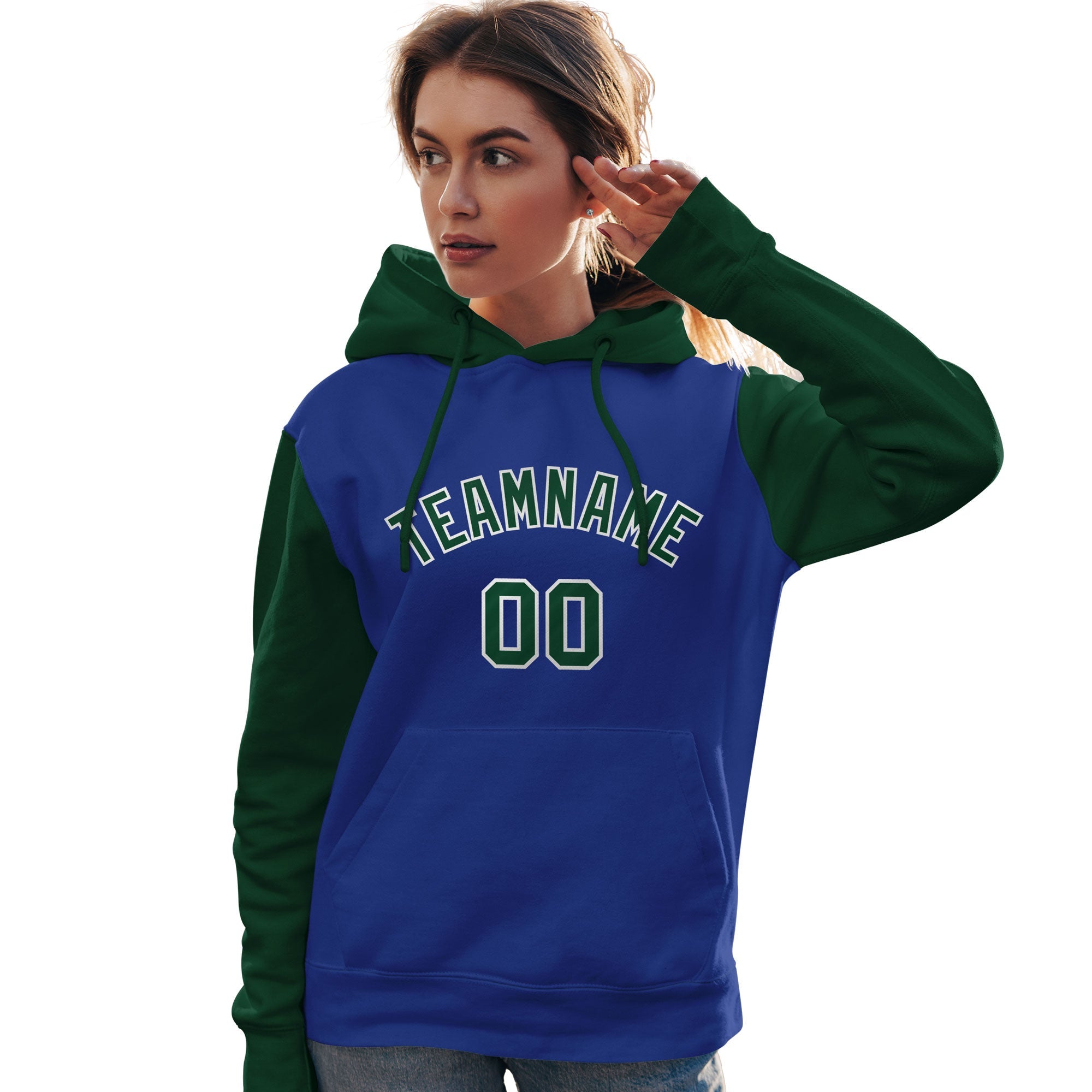 Custom Royal Green-White Raglan Sleeves Pullover Personalized Team Sweatshirt Hoodie