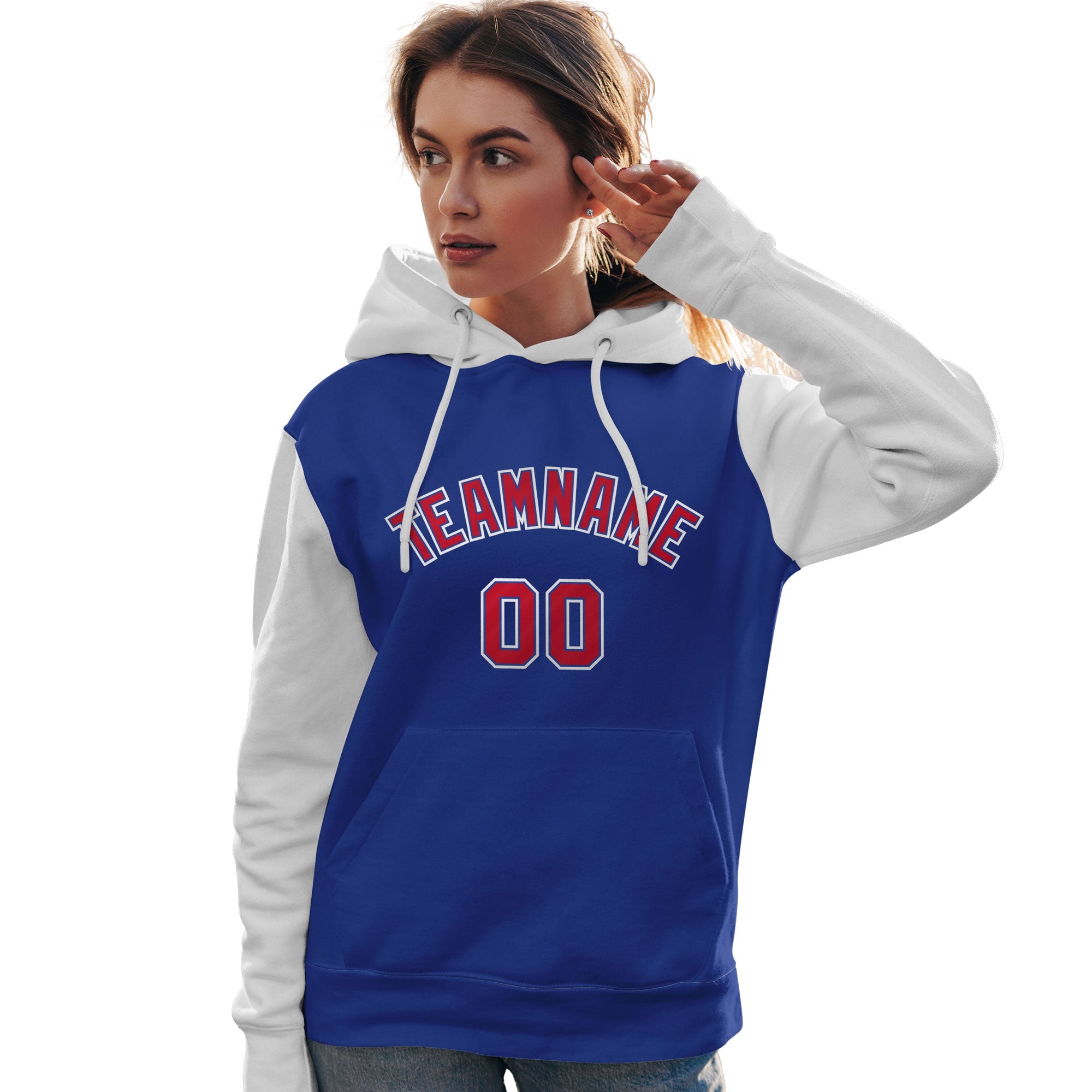 Custom Royal Red-White Raglan Sleeves Pullover Personalized Team Sweatshirt Hoodie