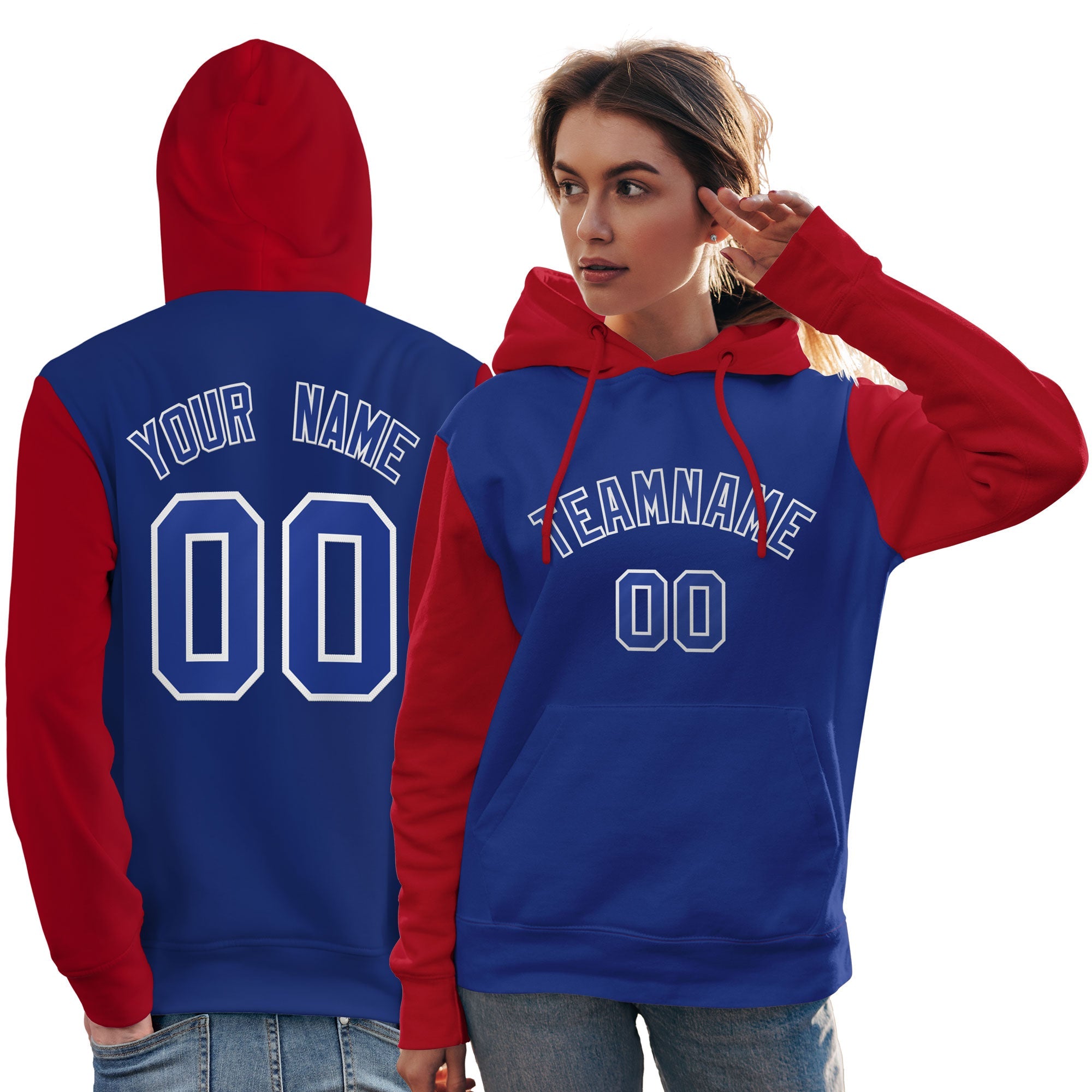 Custom Royal White-Red Raglan Sleeves Pullover Personalized Team Sweatshirt Hoodie