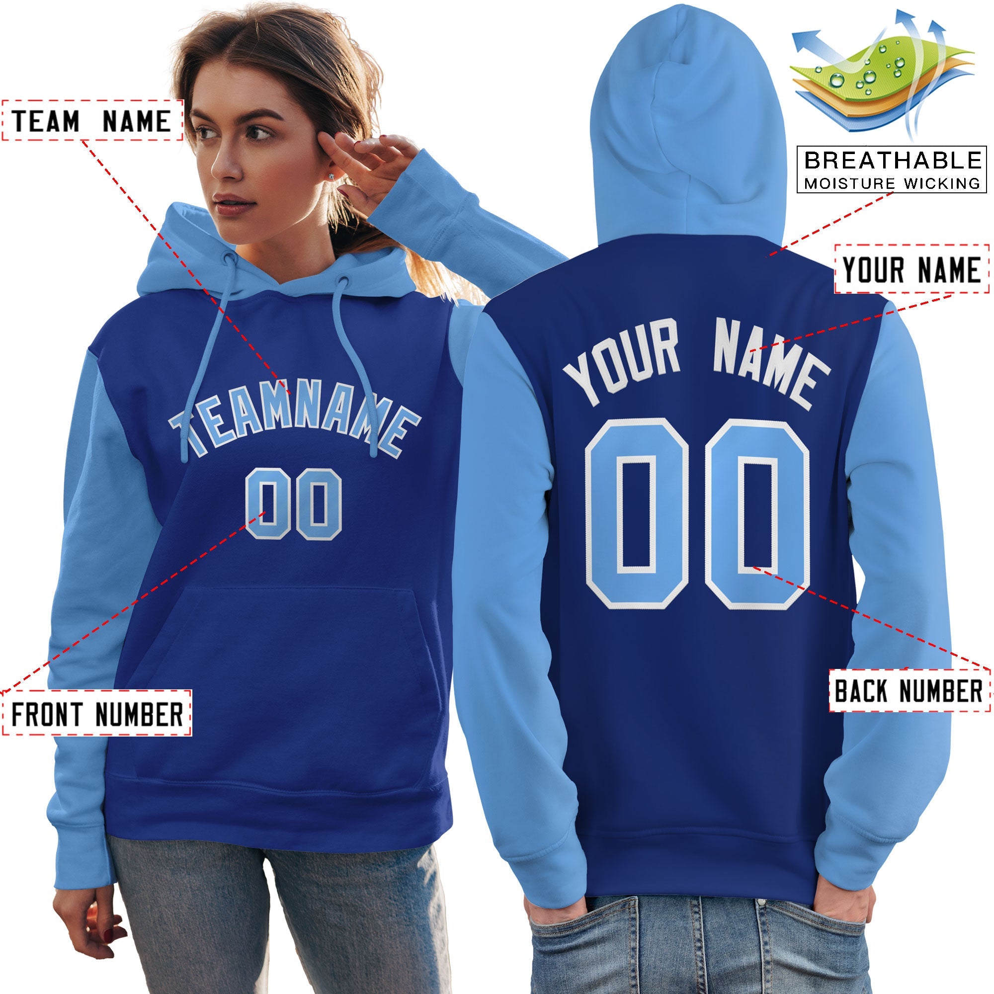 Custom Royal Light Blue-White Raglan Sleeves Pullover Personalized Team Sweatshirt Hoodie