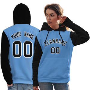 Custom Light Blue Black-White Raglan Sleeves Pullover Personalized Team Sweatshirt Hoodie