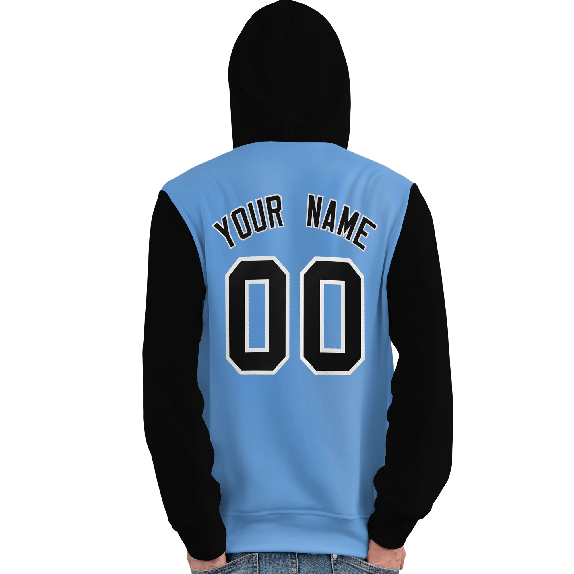 Custom Light Blue Black-White Raglan Sleeves Pullover Personalized Team Sweatshirt Hoodie