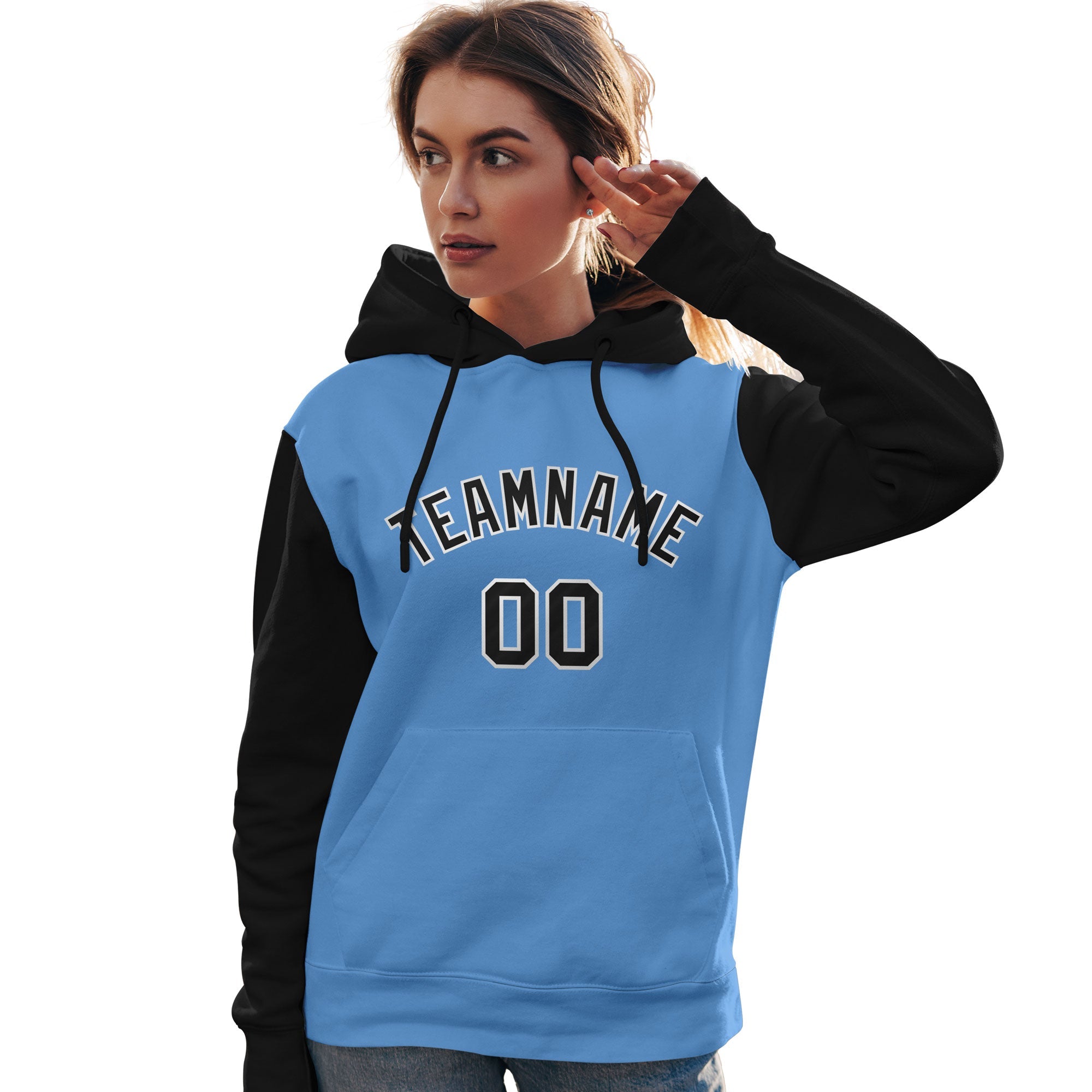 Custom Light Blue Black-White Raglan Sleeves Pullover Personalized Team Sweatshirt Hoodie