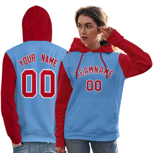 Custom Light Blue Red-White Raglan Sleeves Pullover Personalized Team Sweatshirt Hoodie