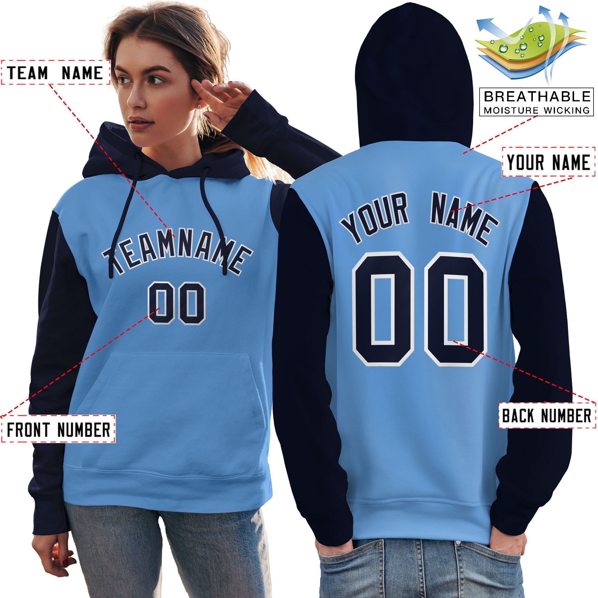 Custom Light Blue Navy-White Raglan Sleeves Pullover Personalized Team Sweatshirt Hoodie