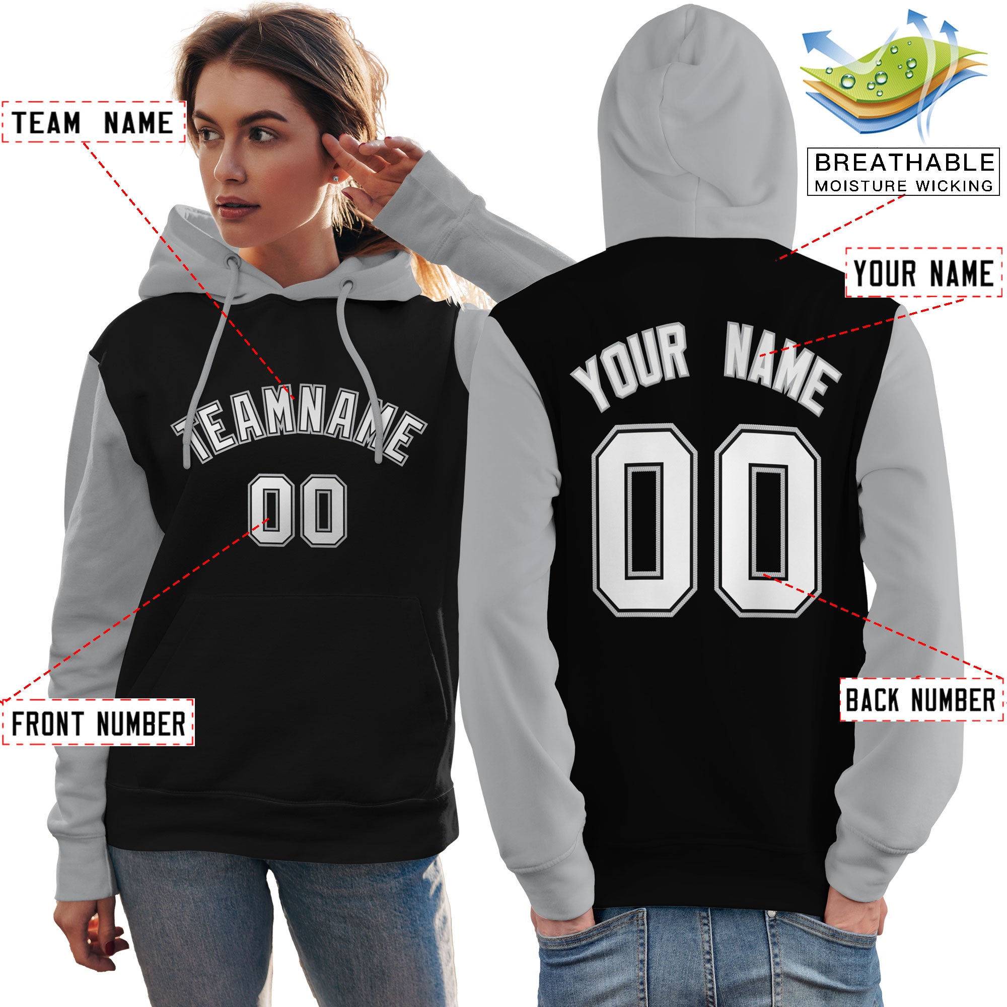 Custom Black White-Gray Raglan Sleeves Pullover Personalized Team Sweatshirt Hoodie