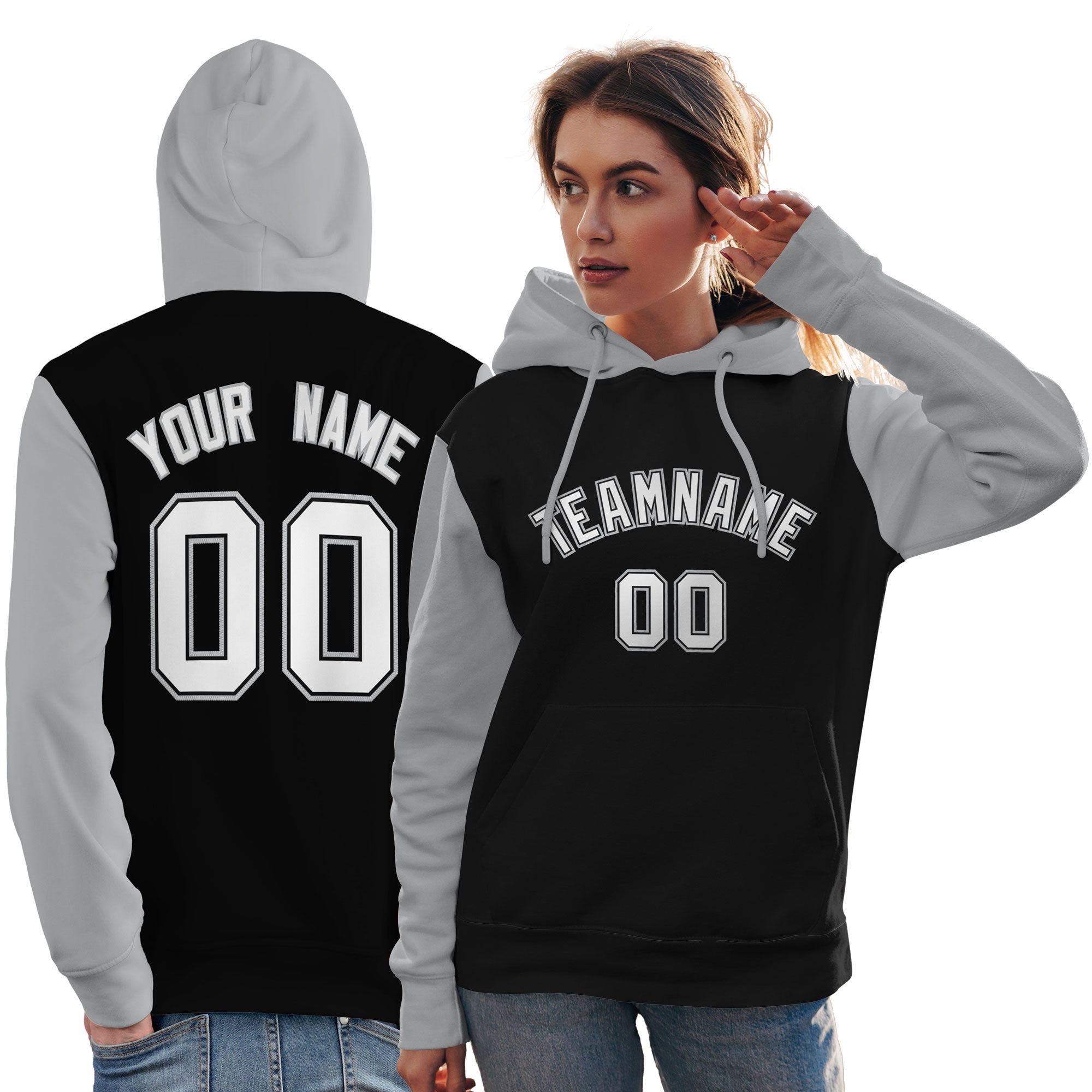 Custom Black White-Gray Raglan Sleeves Pullover Personalized Team Sweatshirt Hoodie