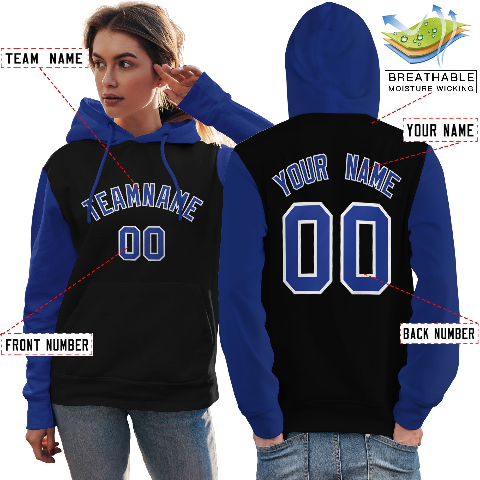 Custom Black Royal-White Raglan Sleeves Pullover Personalized Team Sweatshirt Hoodie