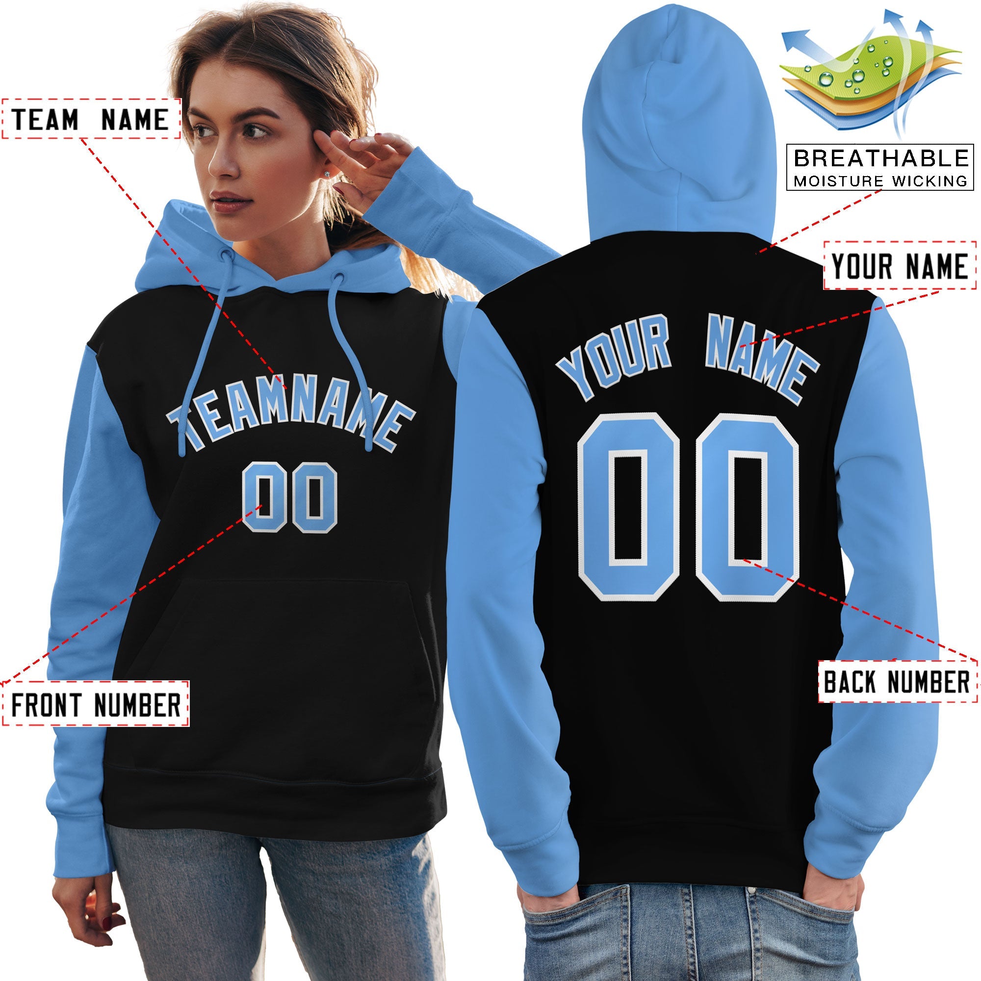 Custom Black Light Blue-White Raglan Sleeves Pullover Personalized Team Sweatshirt Hoodie