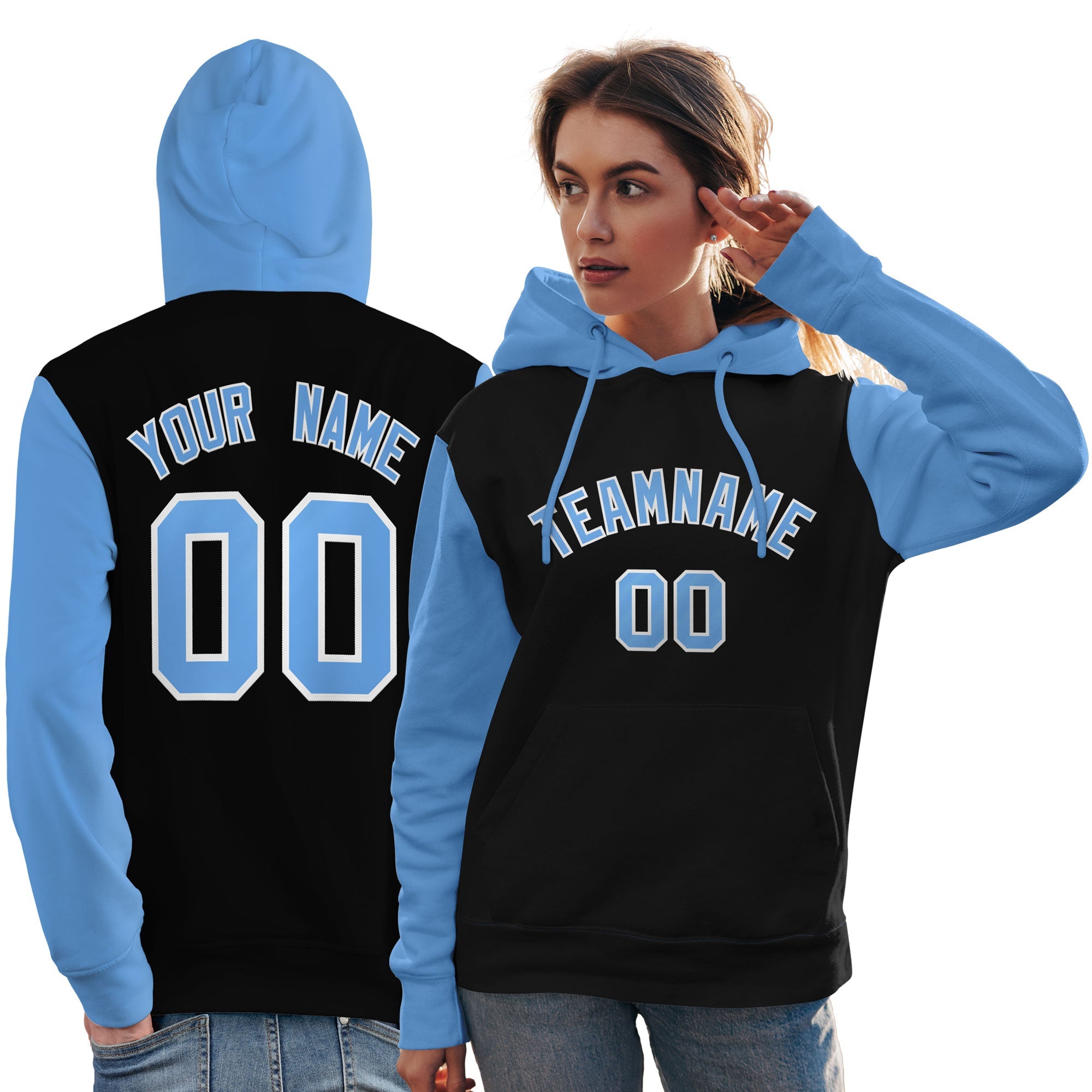 Custom Black Light Blue-White Raglan Sleeves Pullover Personalized Team Sweatshirt Hoodie