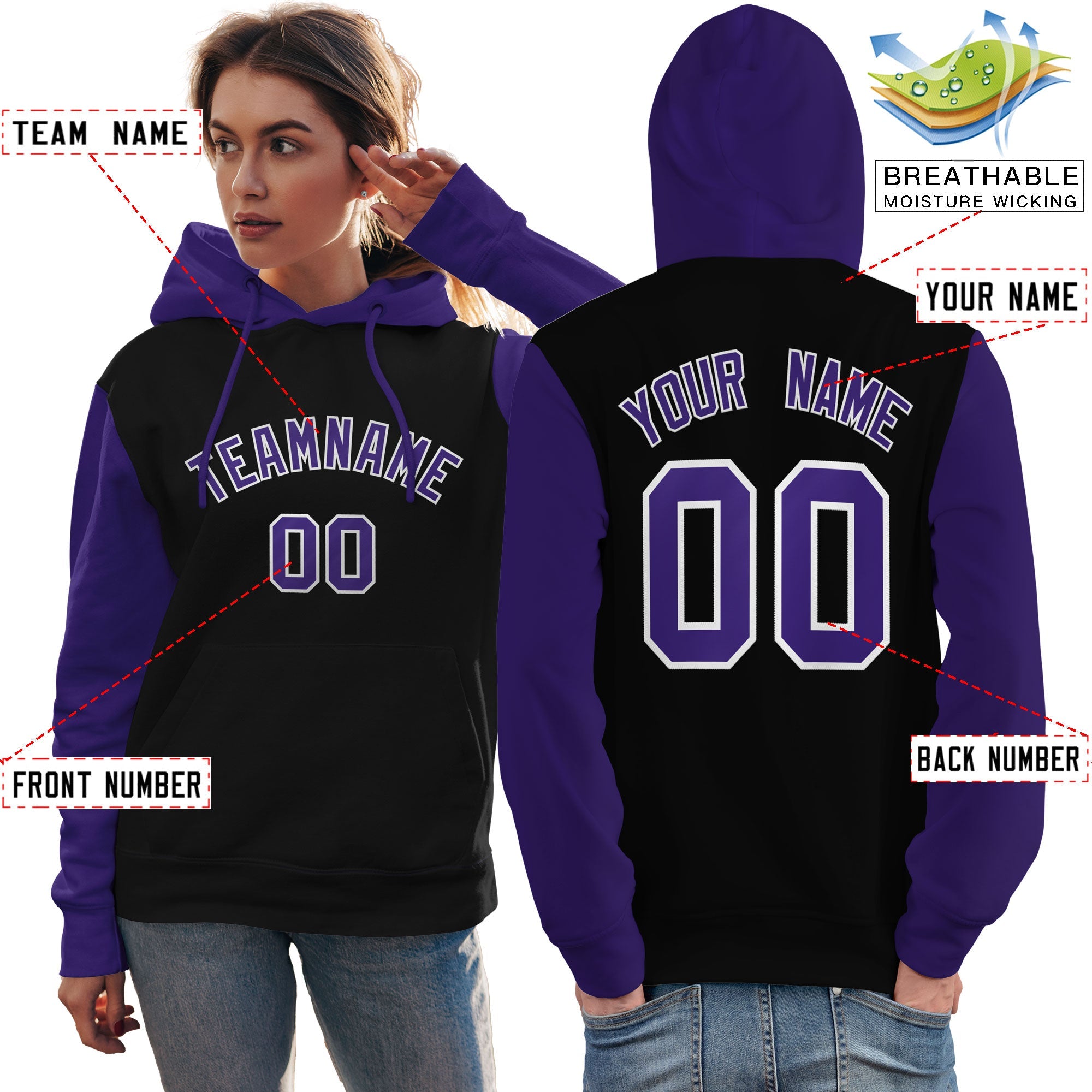 Custom Black Purple-White Raglan Sleeves Pullover Personalized Team Sweatshirt Hoodie