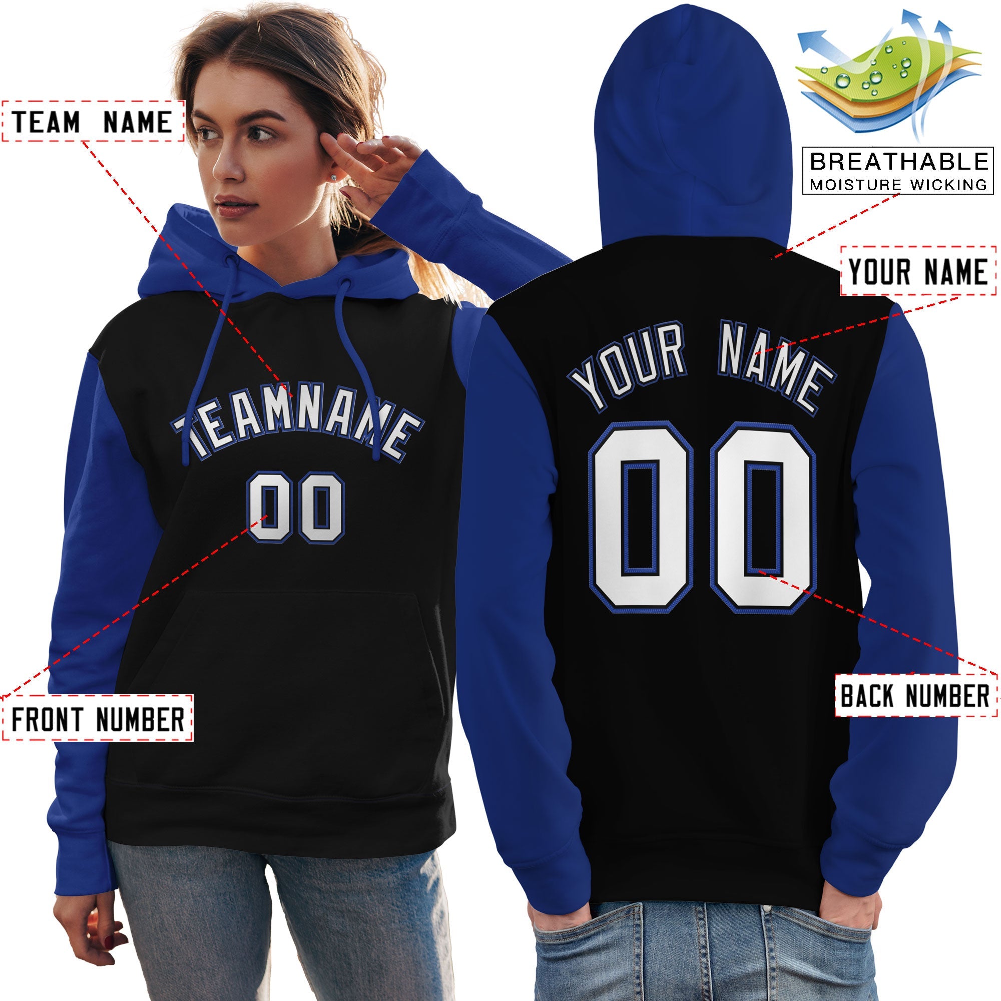 Custom Black White-Royal Raglan Sleeves Pullover Personalized Team Sweatshirt Hoodie