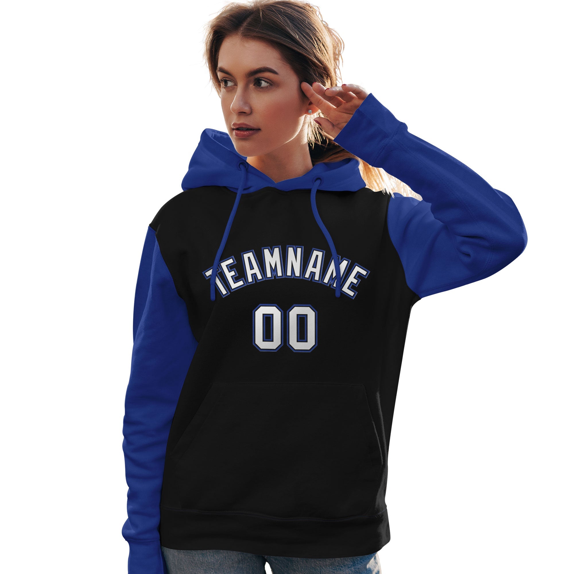 Custom Black White-Royal Raglan Sleeves Pullover Personalized Team Sweatshirt Hoodie