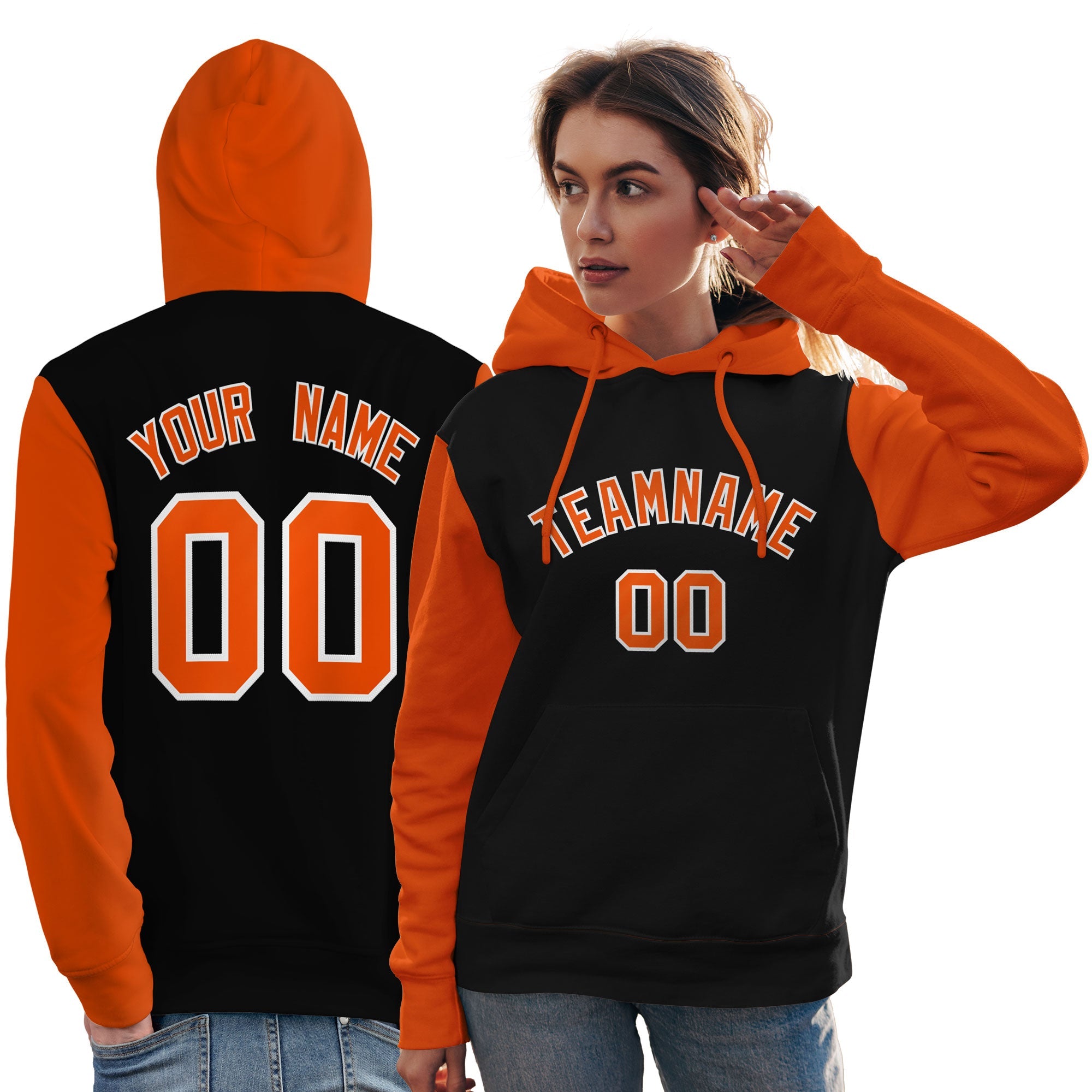 Custom Black Orange-White Raglan Sleeves Pullover Personalized Team Sweatshirt Hoodie