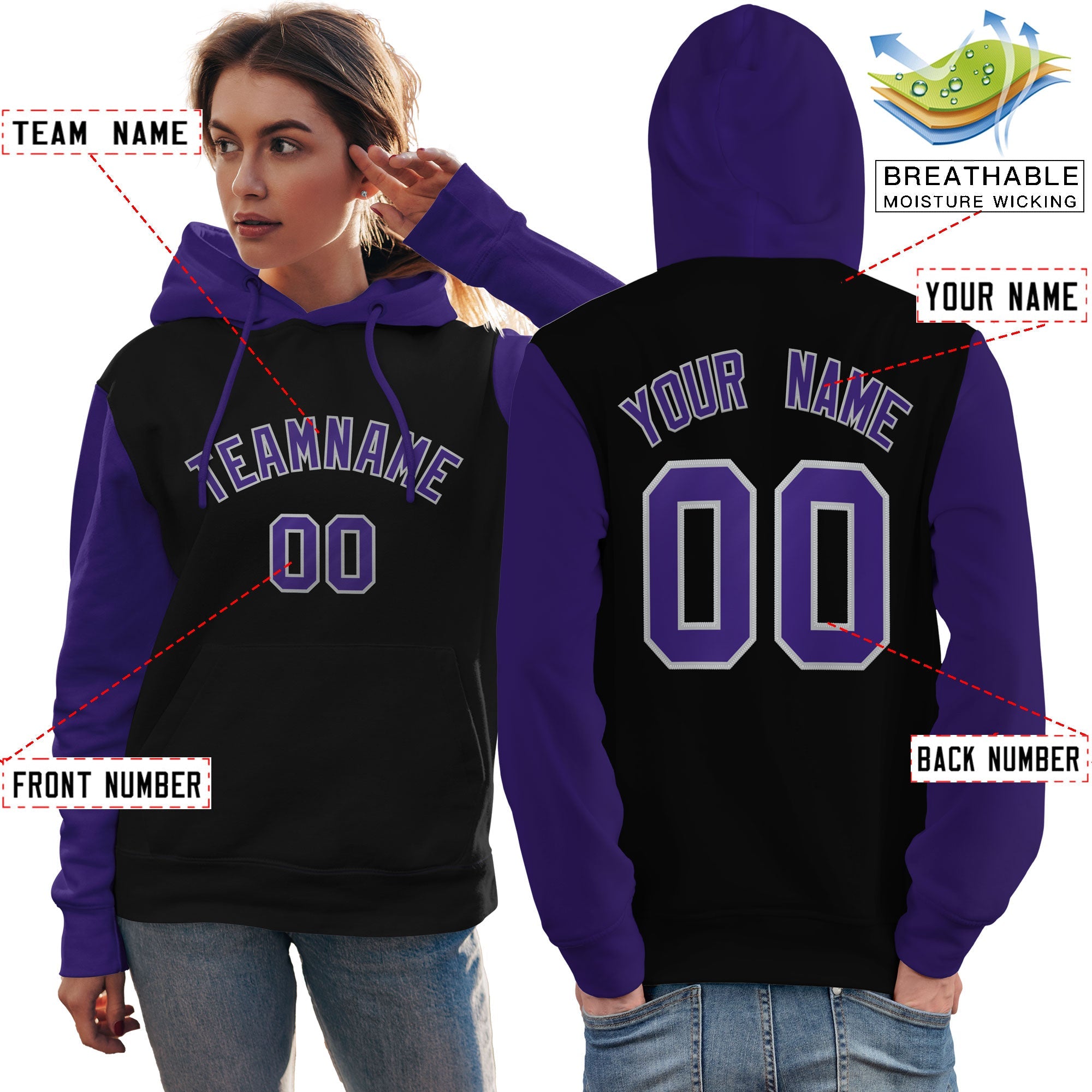 Custom Black Purple-Gray Raglan Sleeves Pullover Personalized Team Sweatshirt Hoodie