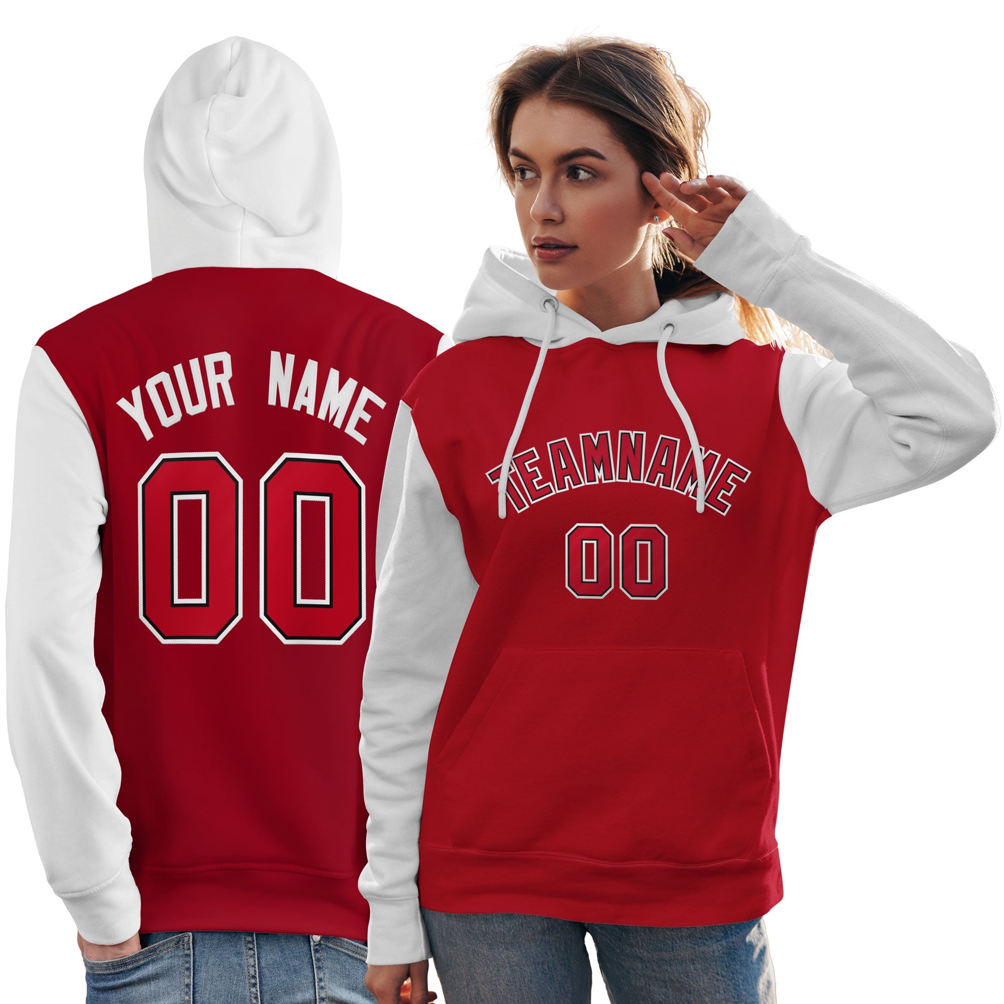 Custom Red Black-White Raglan Sleeves Pullover Personalized Team Sweatshirt Hoodie