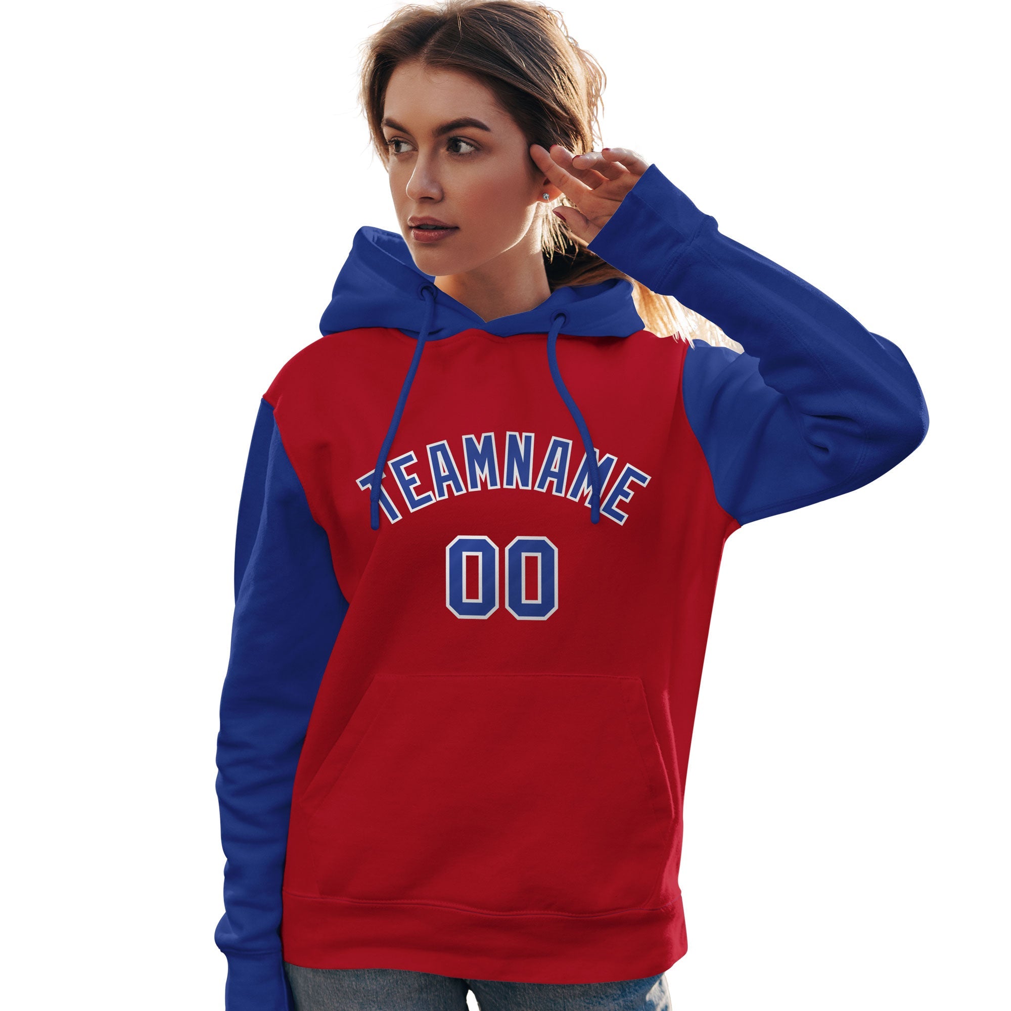 Custom Red Royal-White Raglan Sleeves Pullover Personalized Team Sweatshirt Hoodie