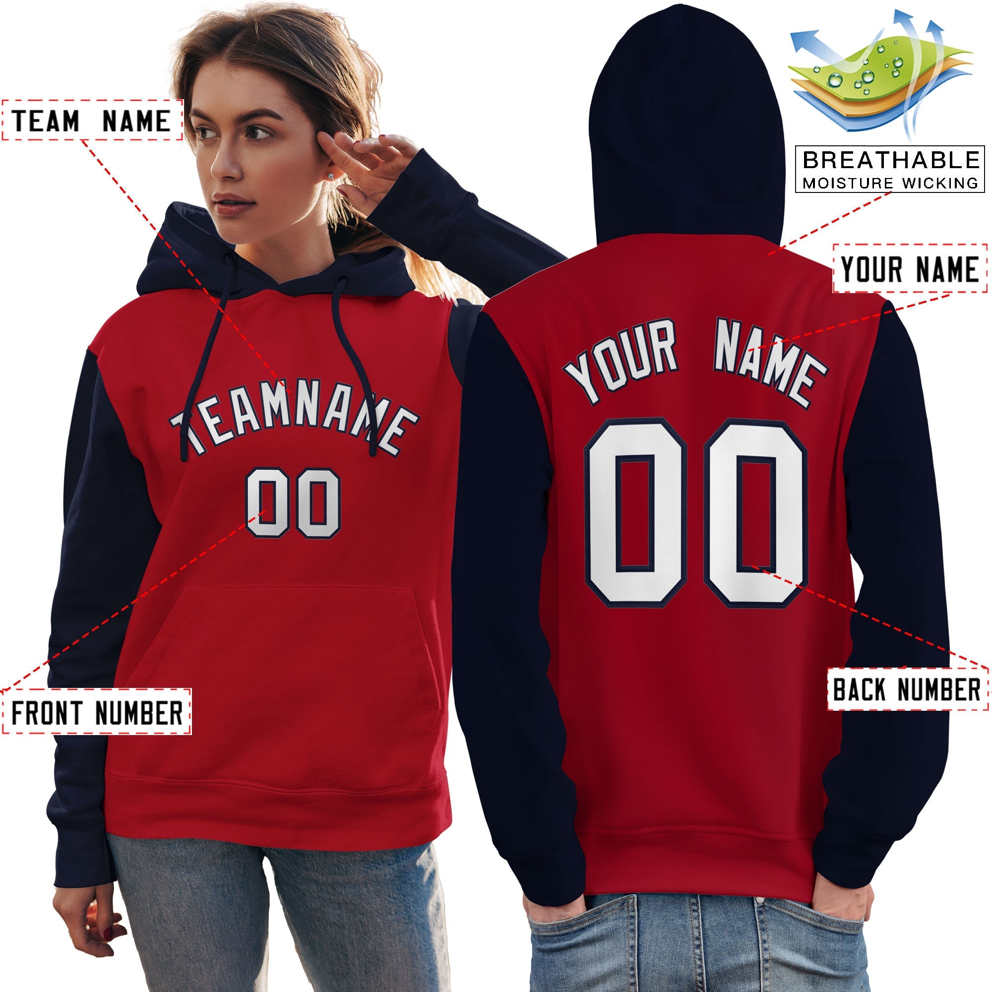 Custom Red White-Navy Raglan Sleeves Pullover Personalized Team Sweatshirt Hoodie