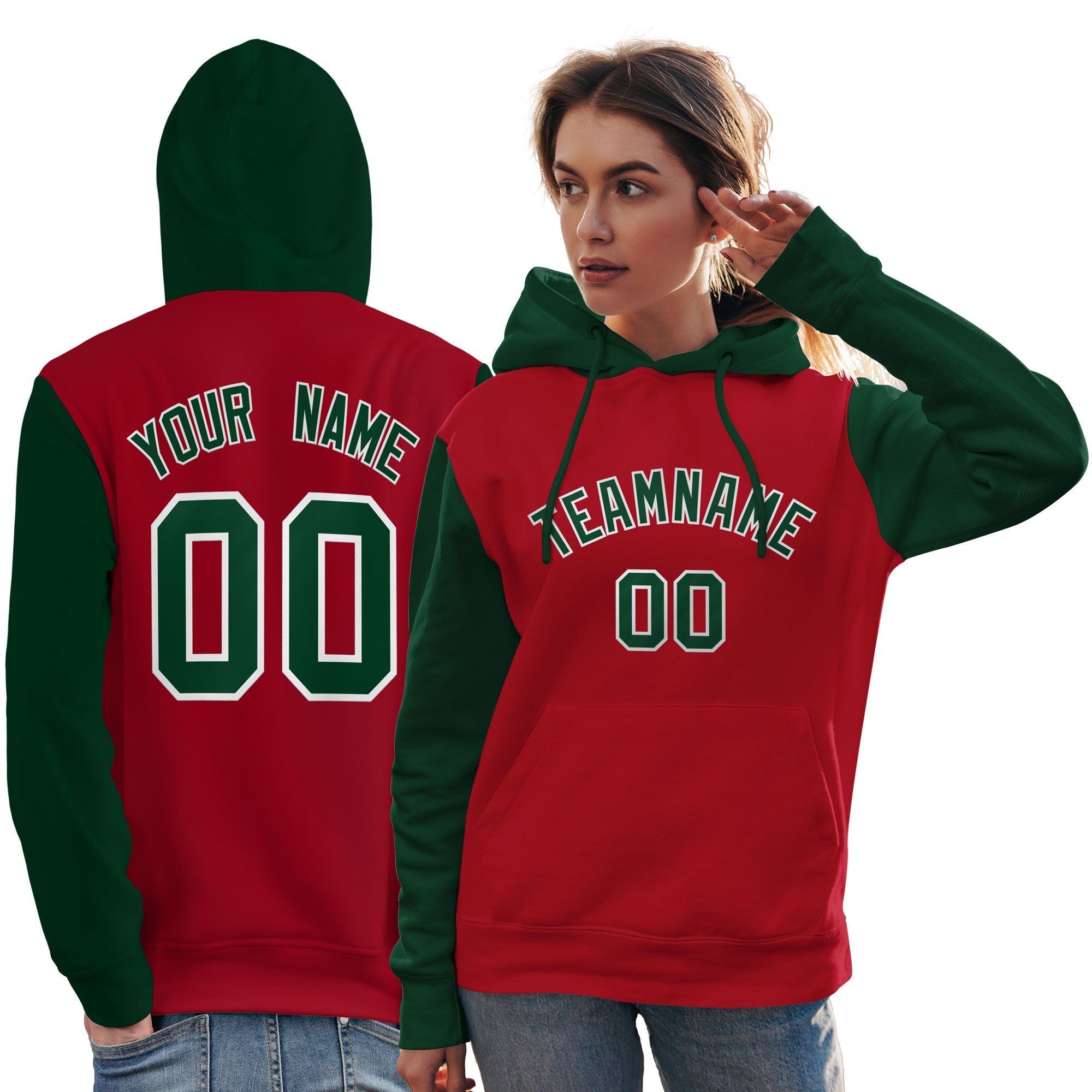 Custom Red Green-White Raglan Sleeves Pullover Personalized Team Sweatshirt Hoodie