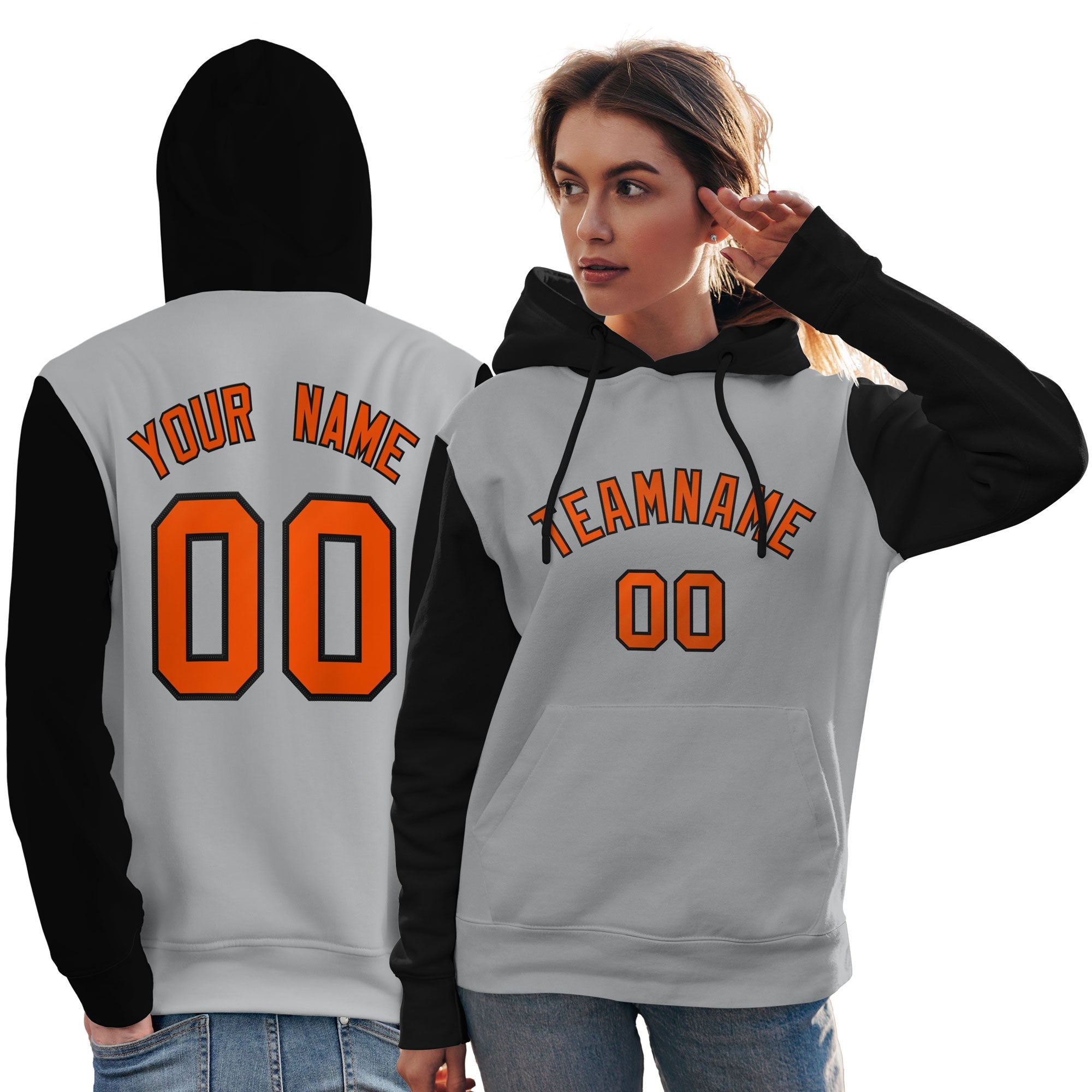 Custom Gray Orange-Black Raglan Sleeves Pullover Personalized Team Sweatshirt Hoodie