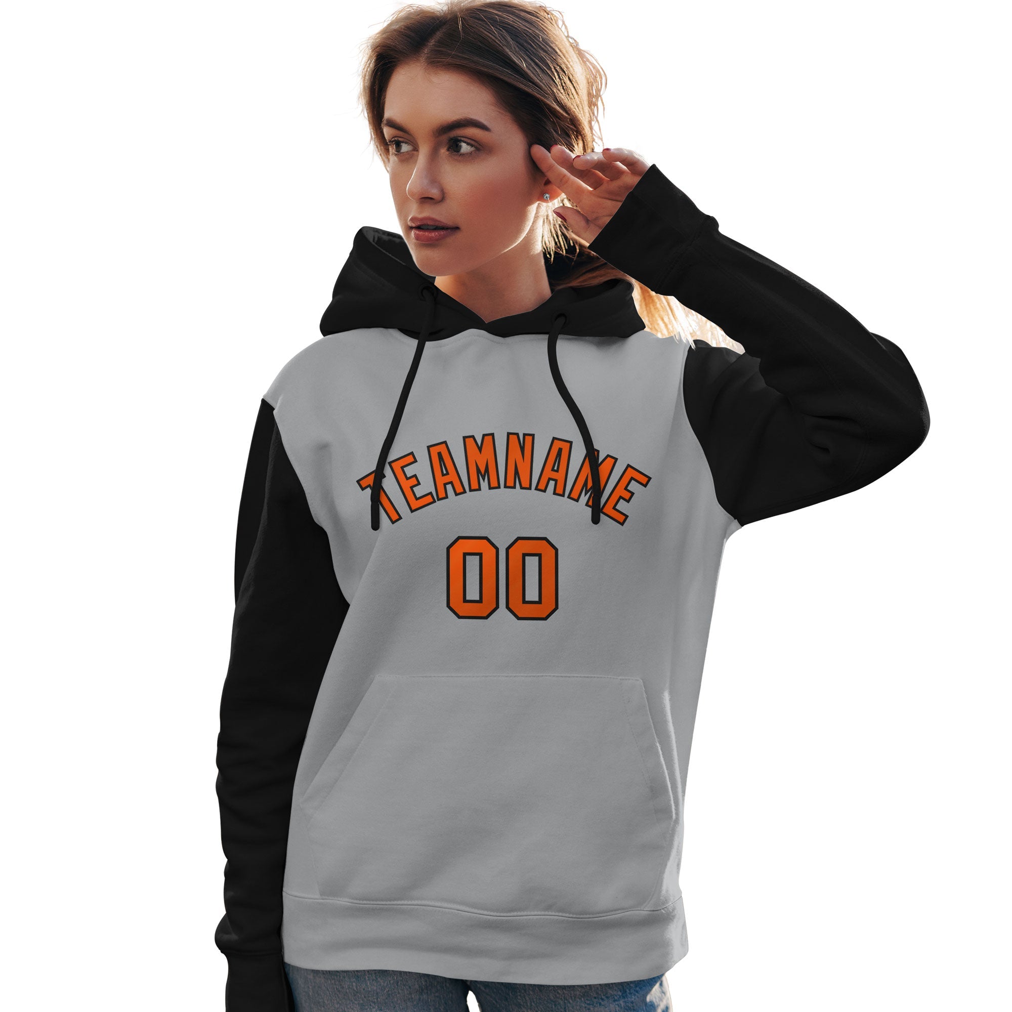 Custom Gray Orange-Black Raglan Sleeves Pullover Personalized Team Sweatshirt Hoodie