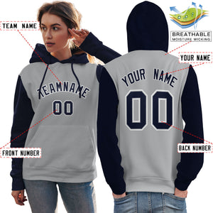 Custom Gray Navy-White Raglan Sleeves Pullover Personalized Team Sweatshirt Hoodie