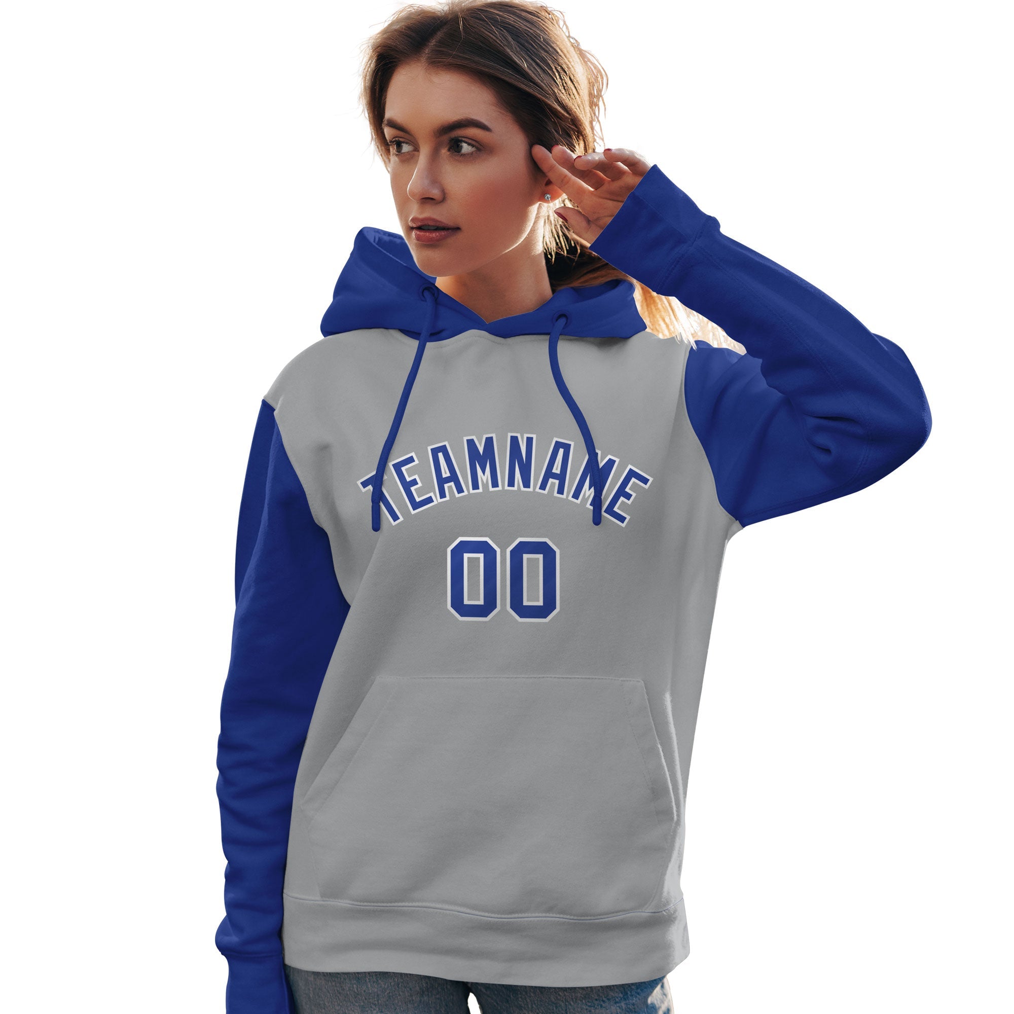 Custom Gray Royal-White Raglan Sleeves Pullover Personalized Team Sweatshirt Hoodie