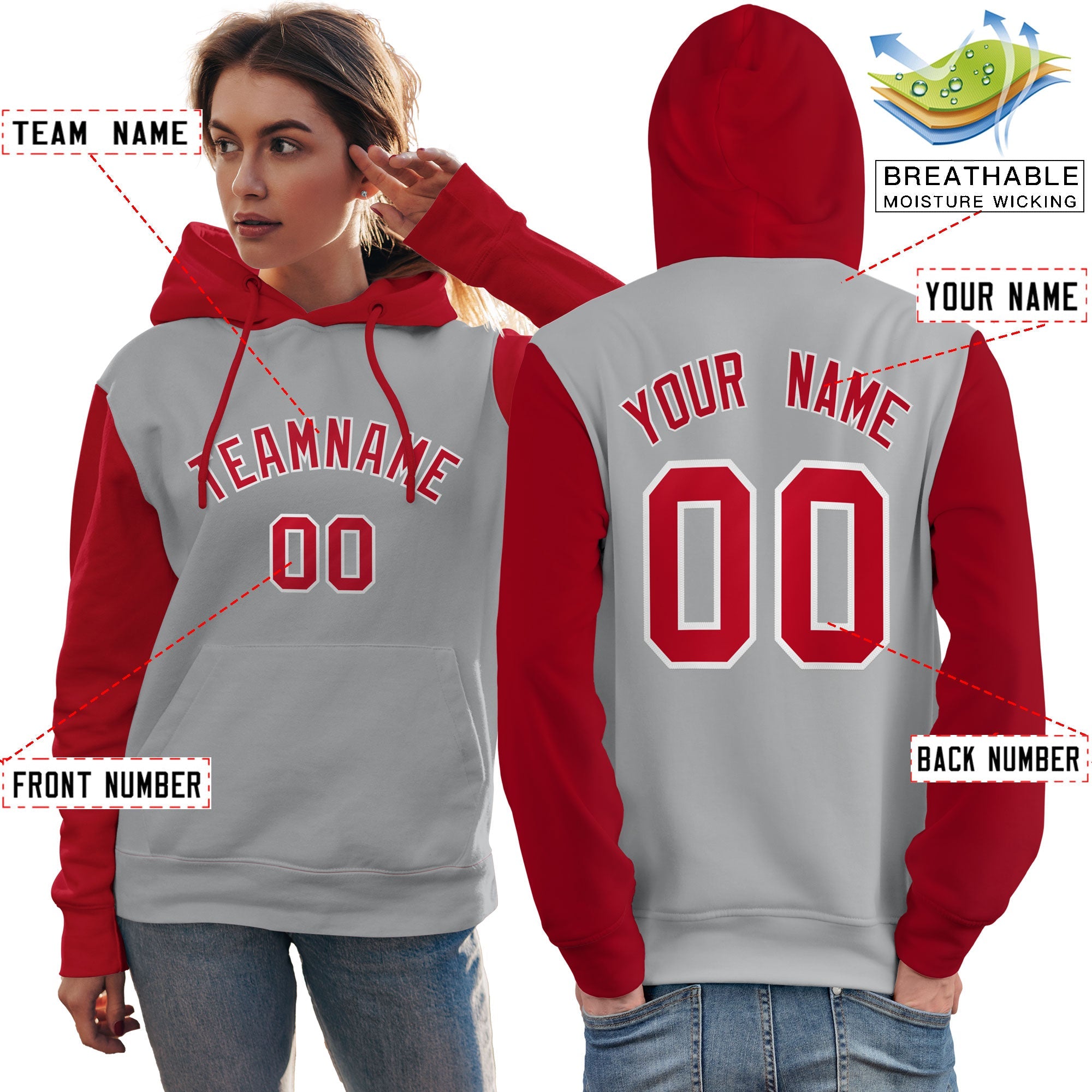 Custom Gray Red-White Raglan Sleeves Pullover Personalized Team Sweatshirt Hoodie